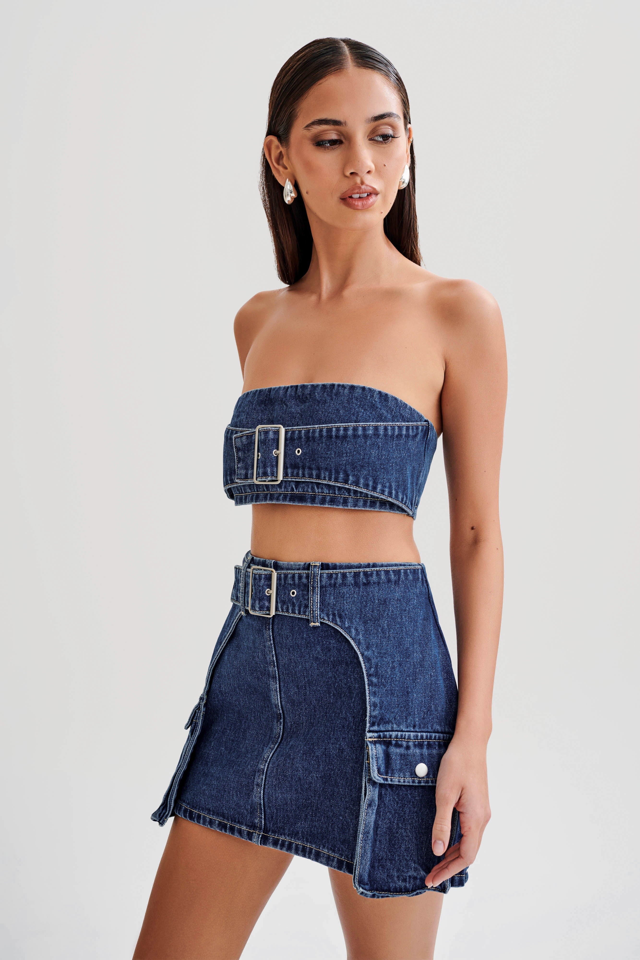 Rowena Denim Buckle Bandeau - Dark Blue