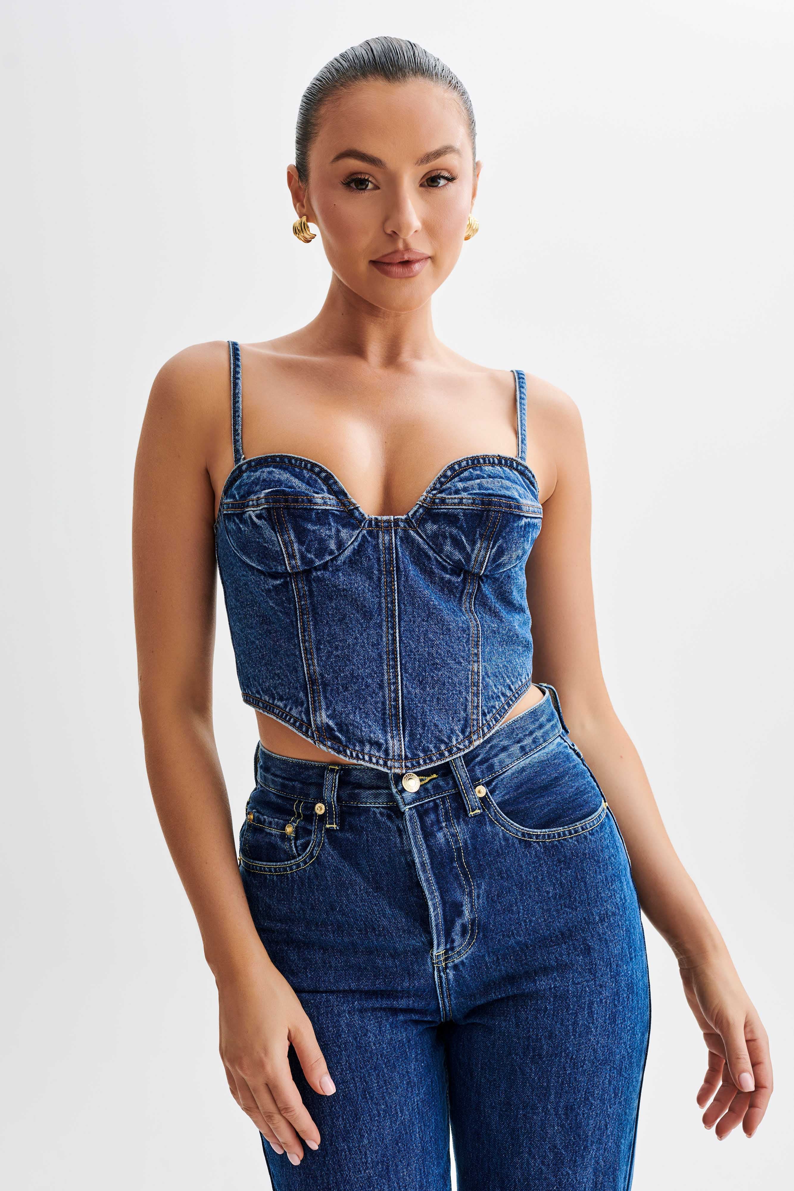 Lana Denim Cupped Corset Top - Dark Blue