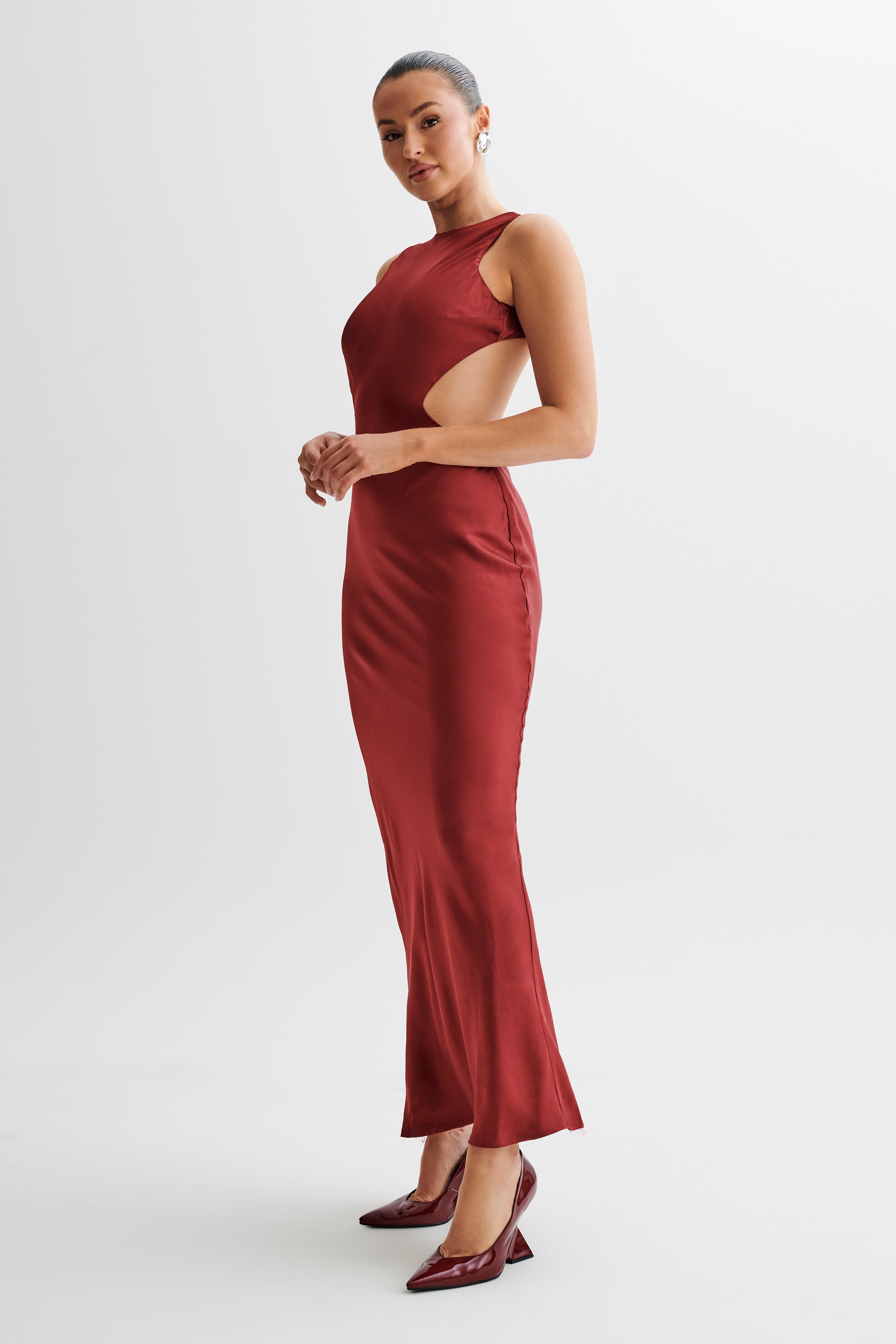 Electra Satin Cut Out Maxi Dress - Berry