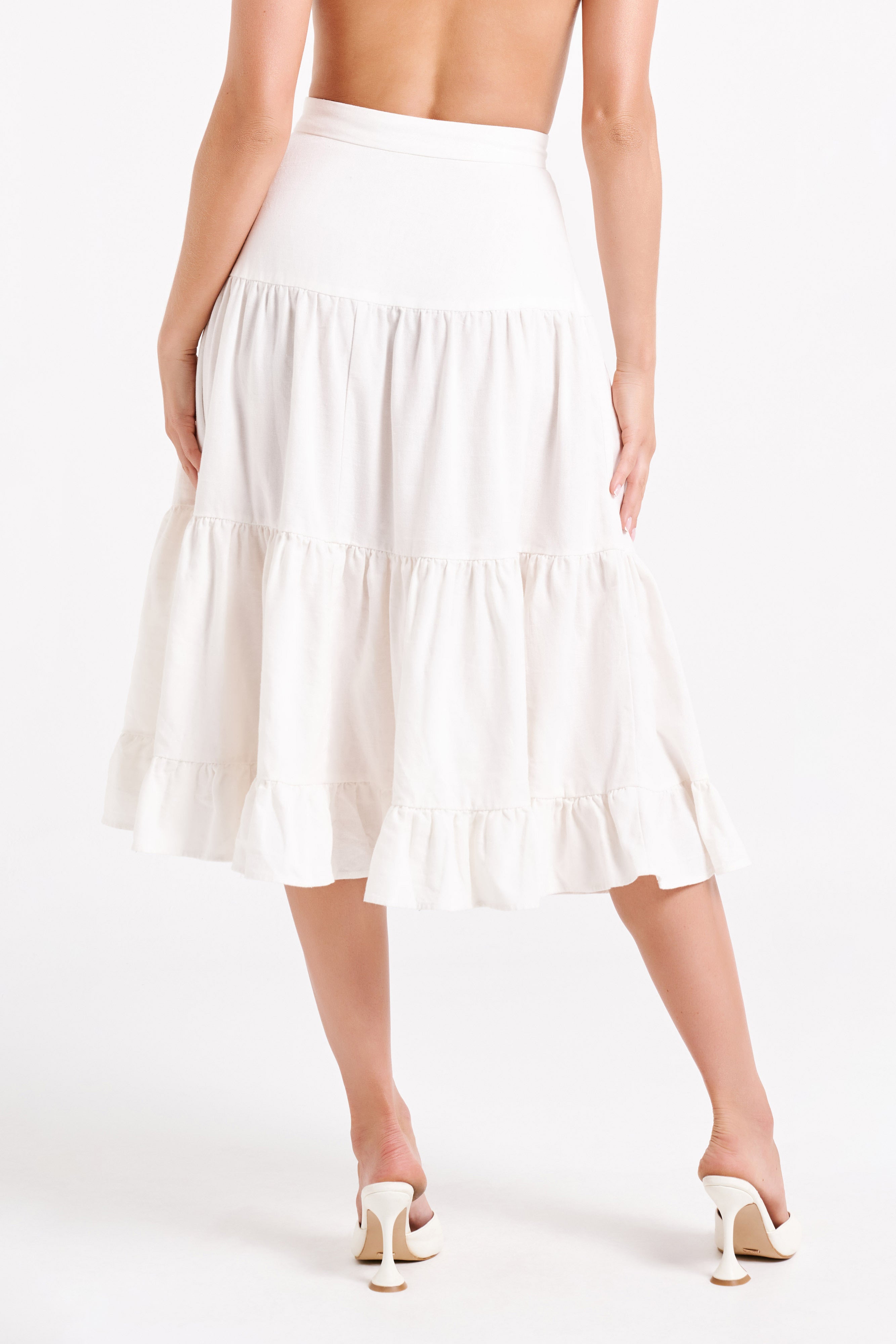 Hilaria Tiered Linen Midi Skirt - White