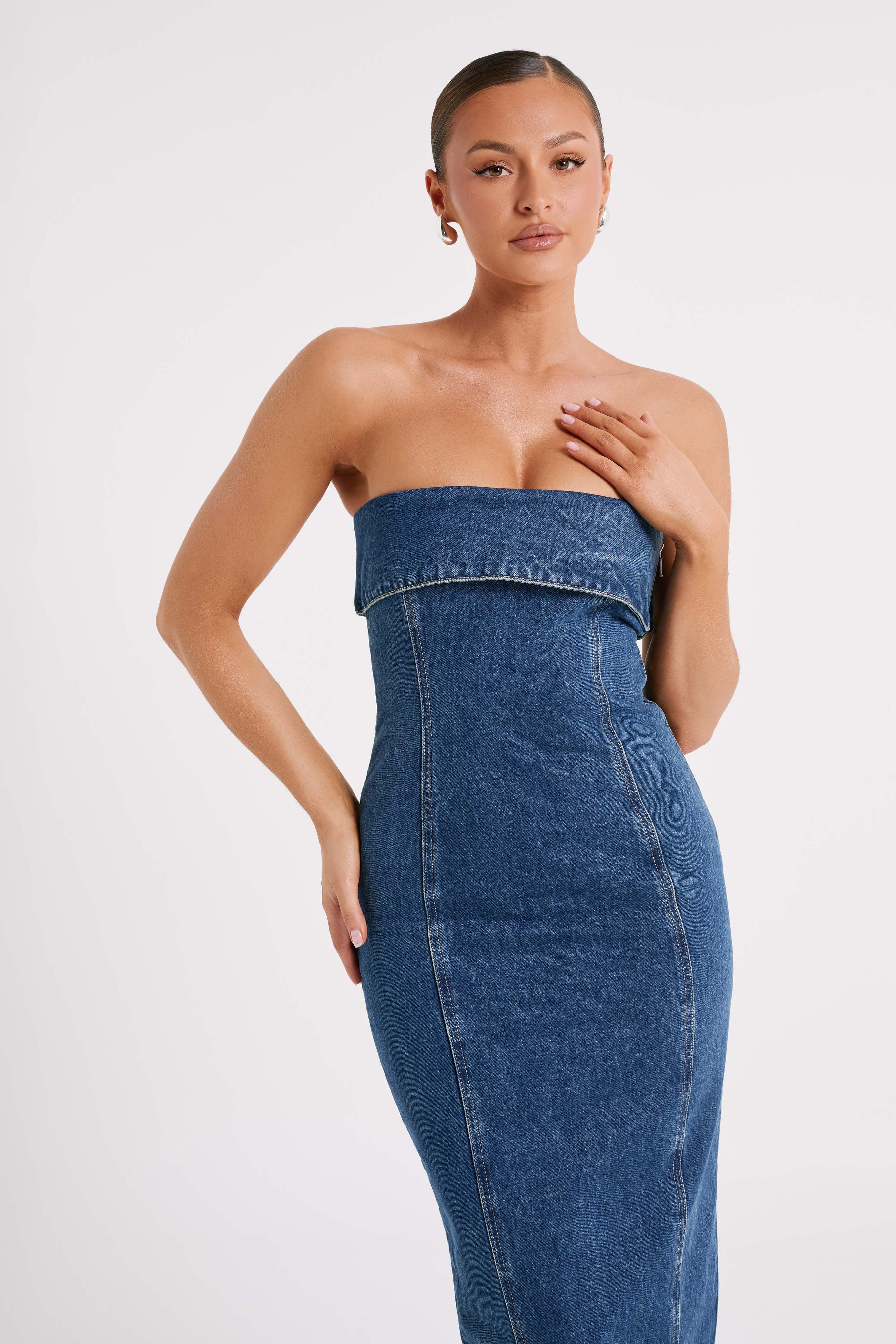 Katherine Strapless Denim Midi Dress - Dark Blue