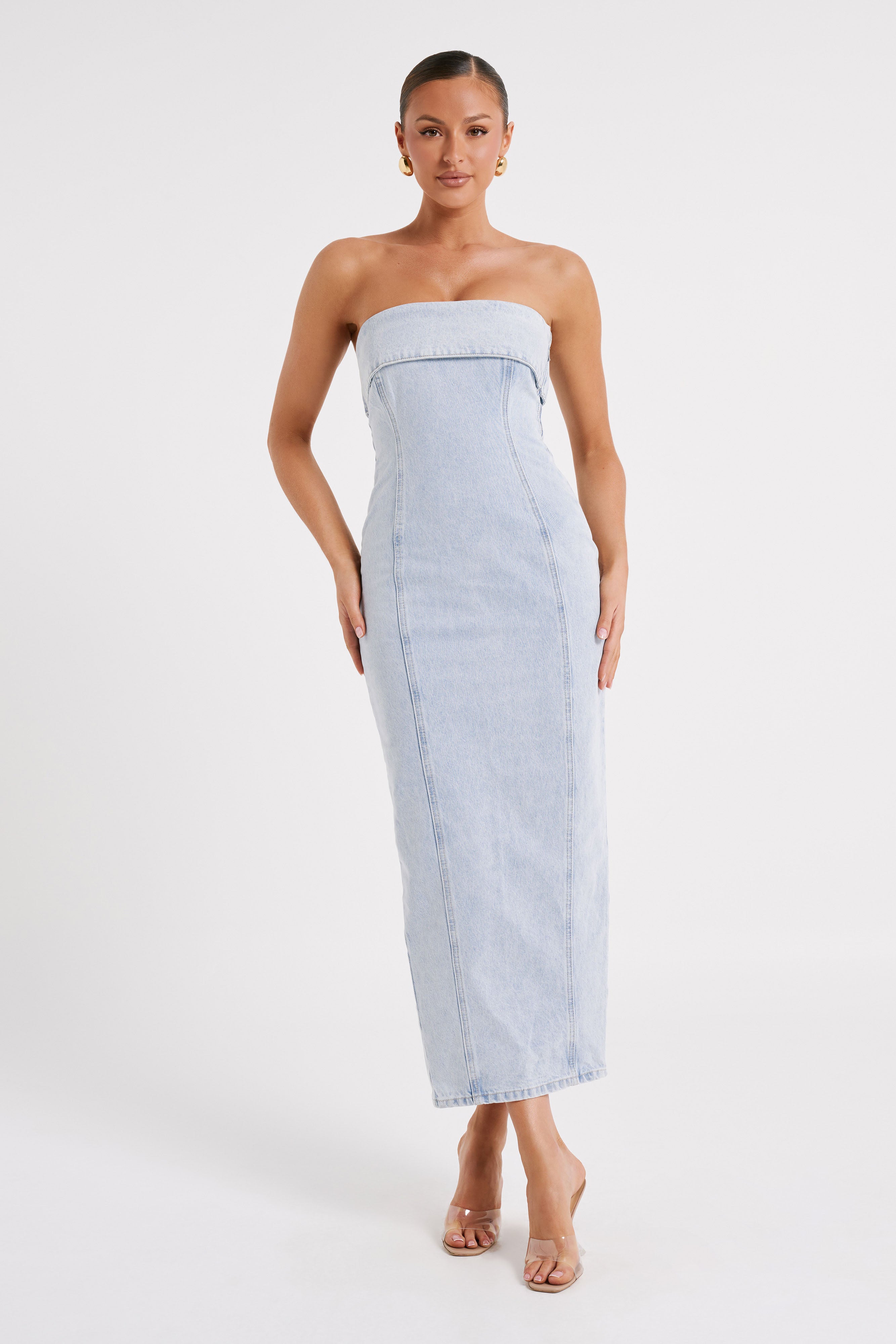 Katherine Strapless Denim Midi Dress - Light Blue