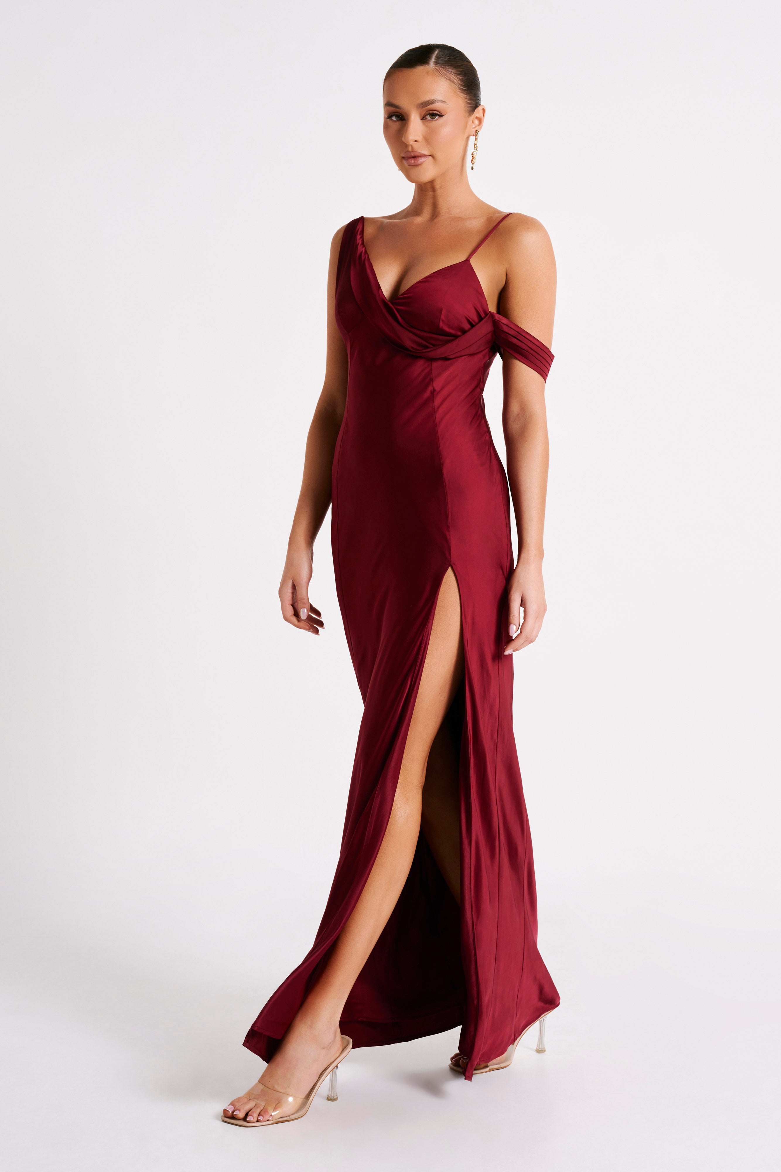 Soleil Satin Off Shoulder Maxi Dress - Berry