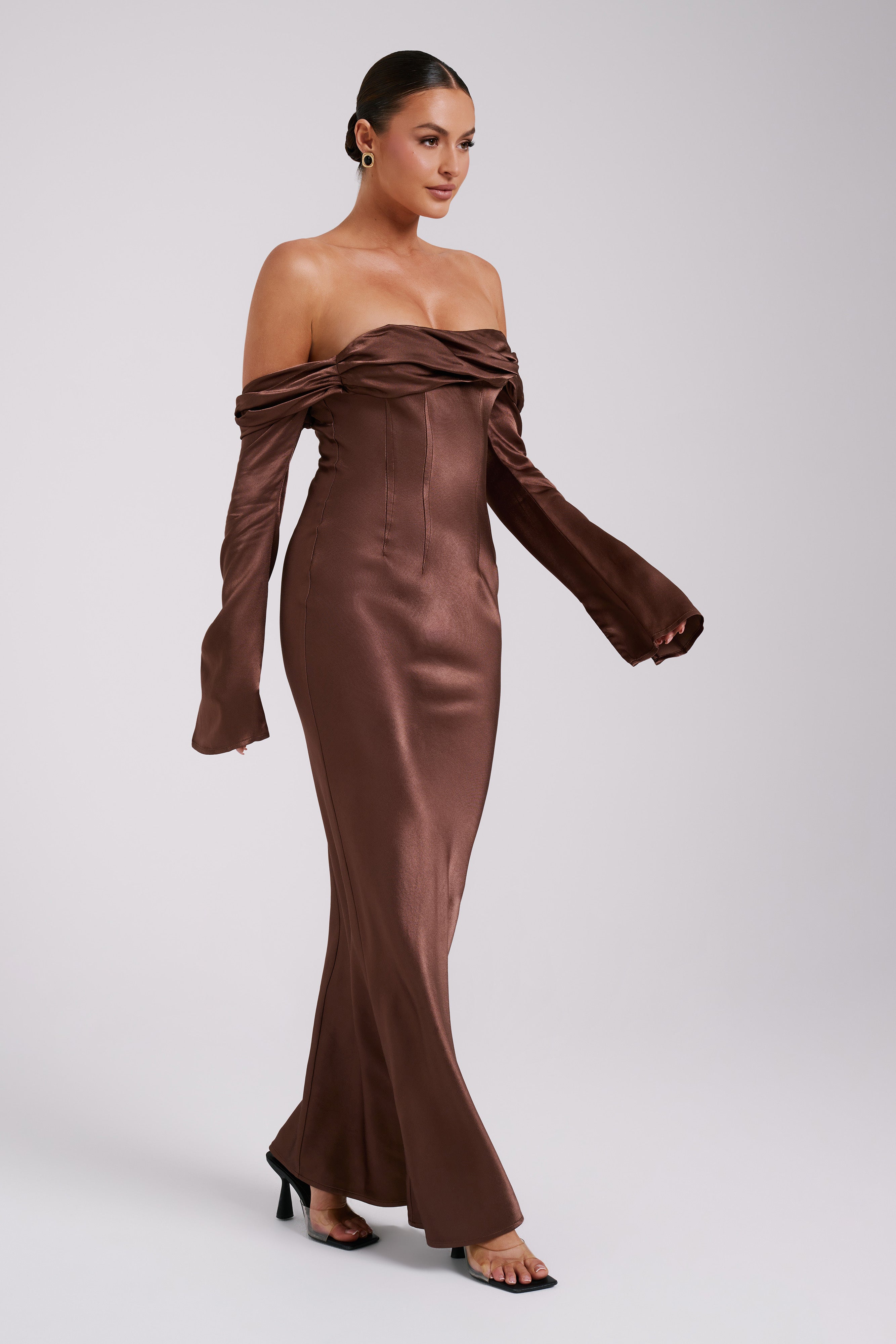 Giselle Off Shoulder Cowl Neck Maxi Dress - Mocha