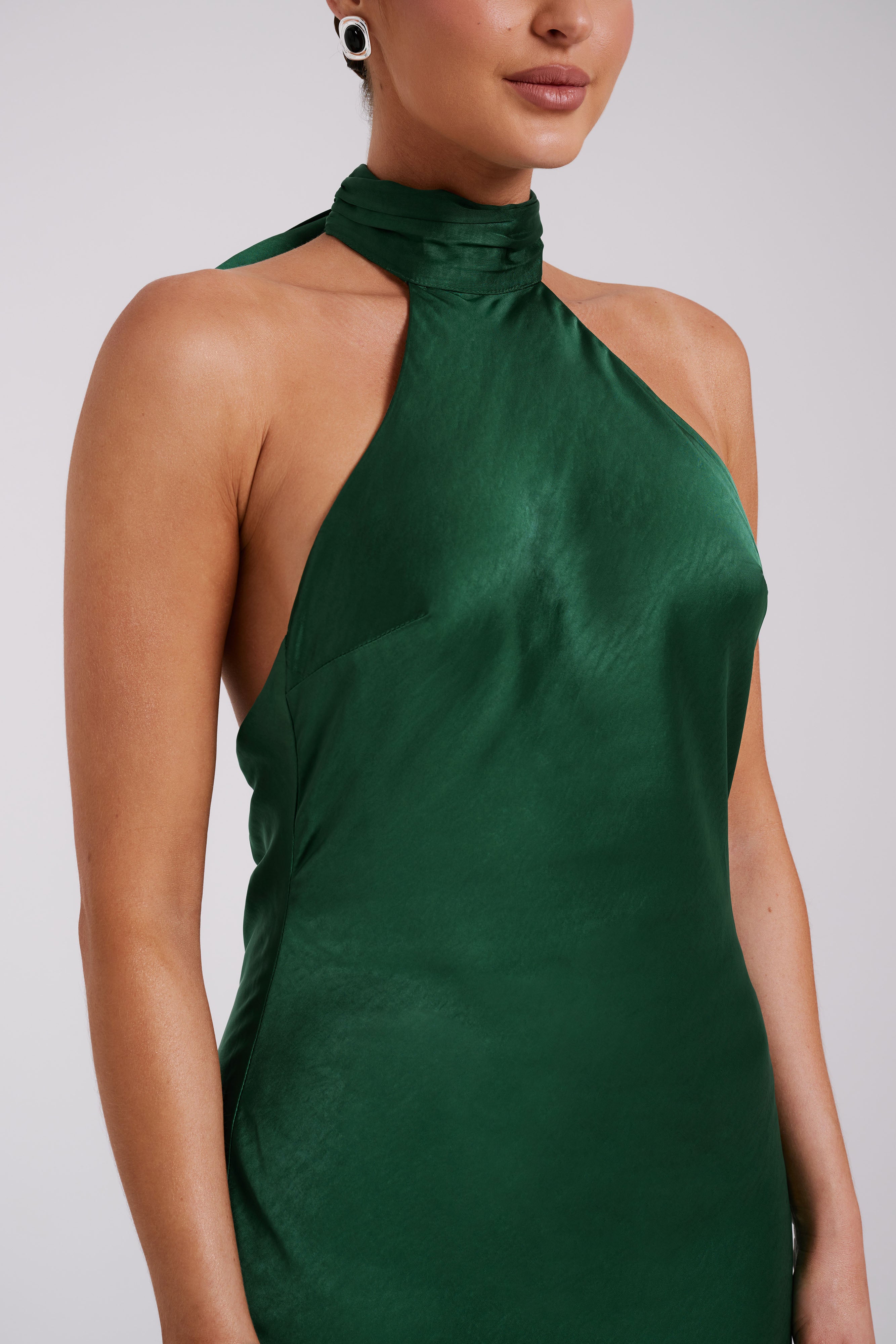 Paulette Satin Midi Dress With Bow - Emerald