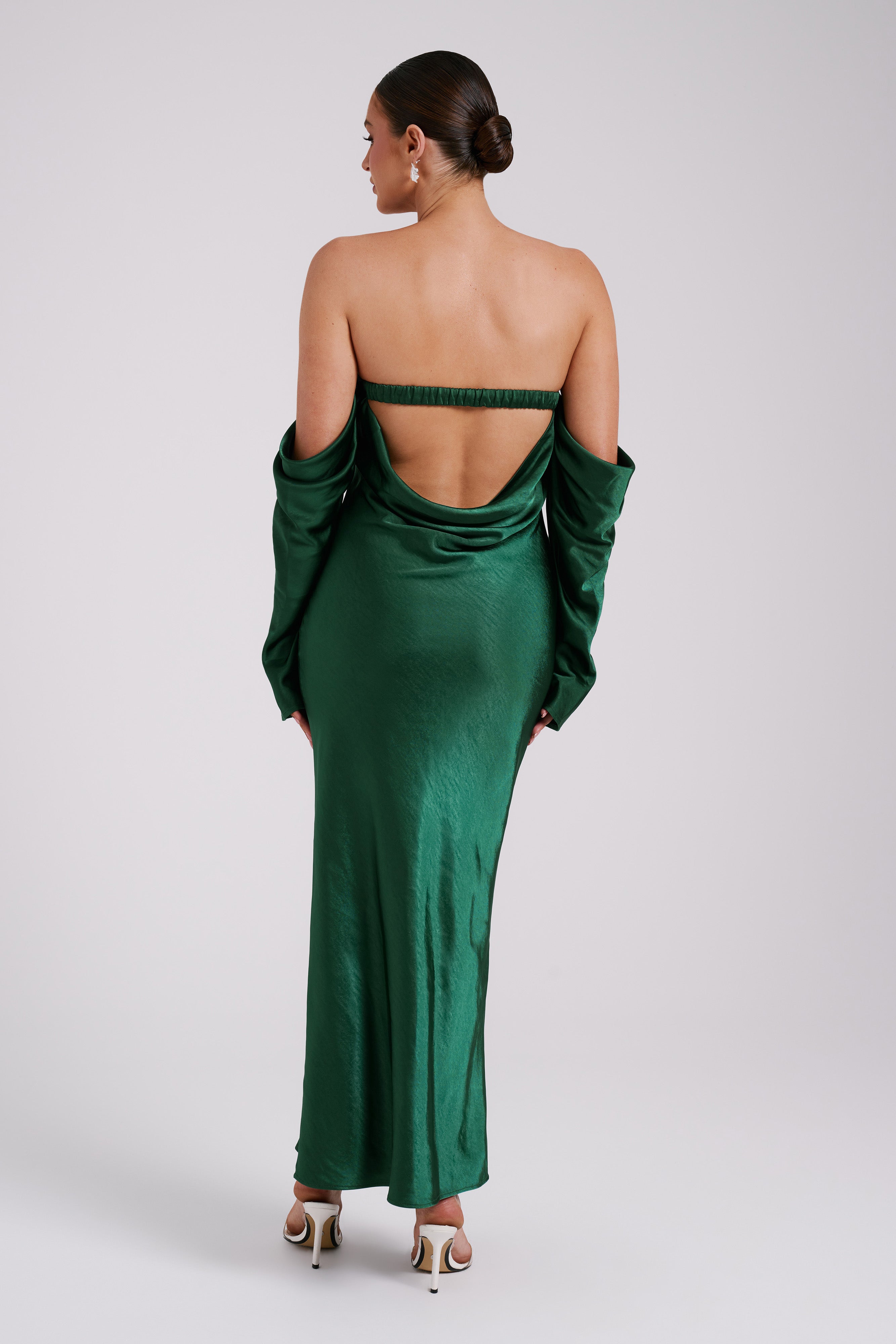 Vee Off Shoulder Satin Midi Dress - Emerald