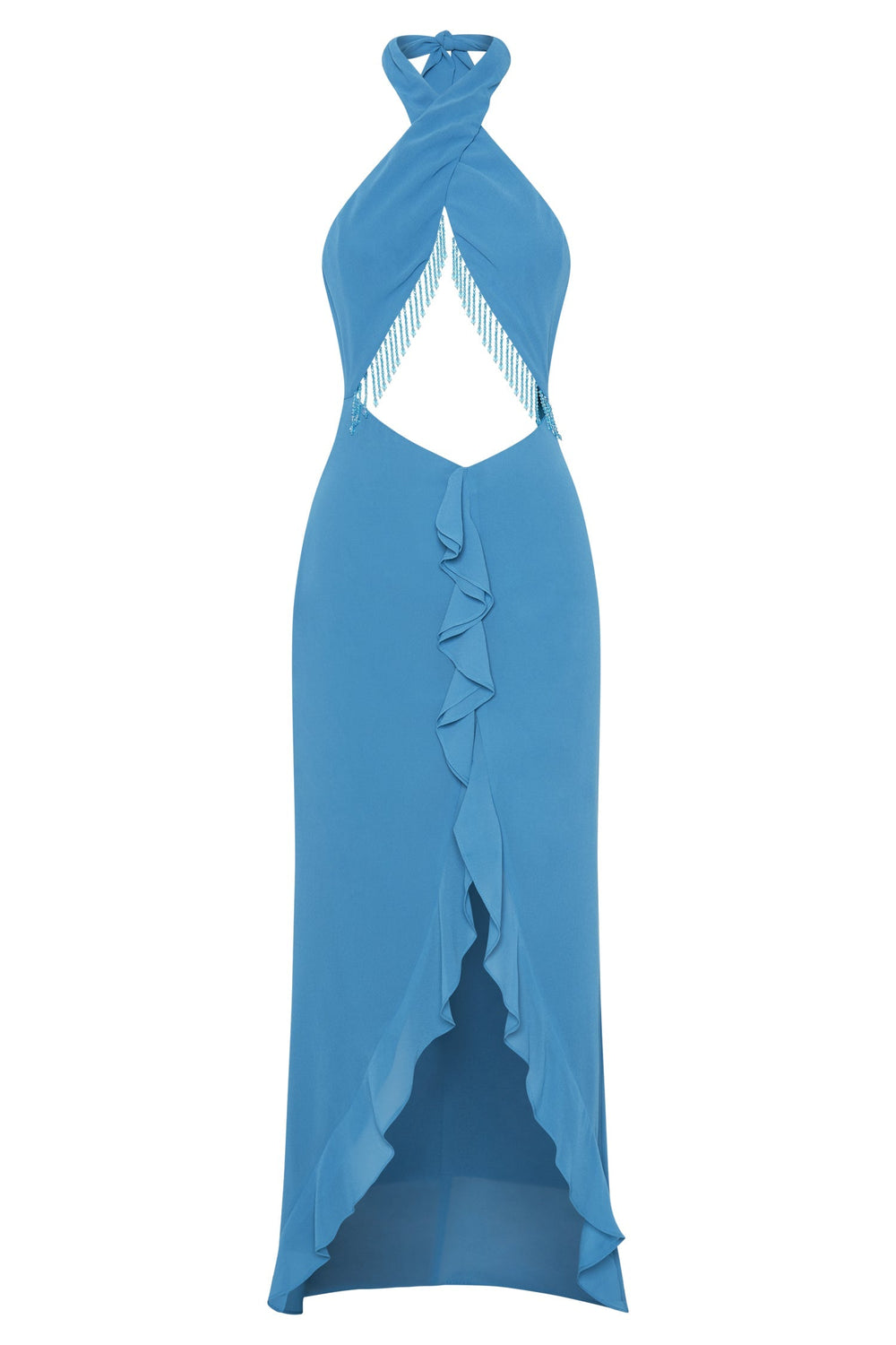 Dana Chiffon Diamante Trim Halter Maxi Dress - Marine Blue