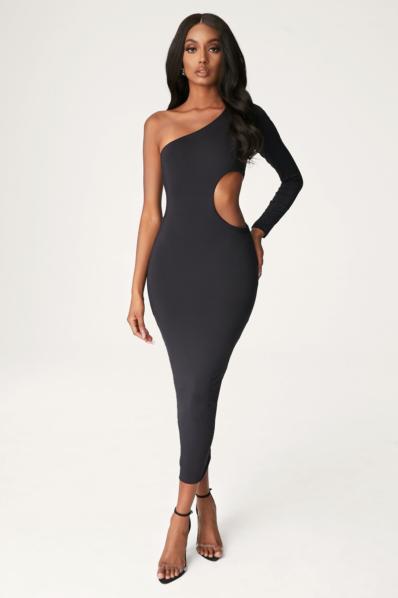 black one shoulder cut out dress