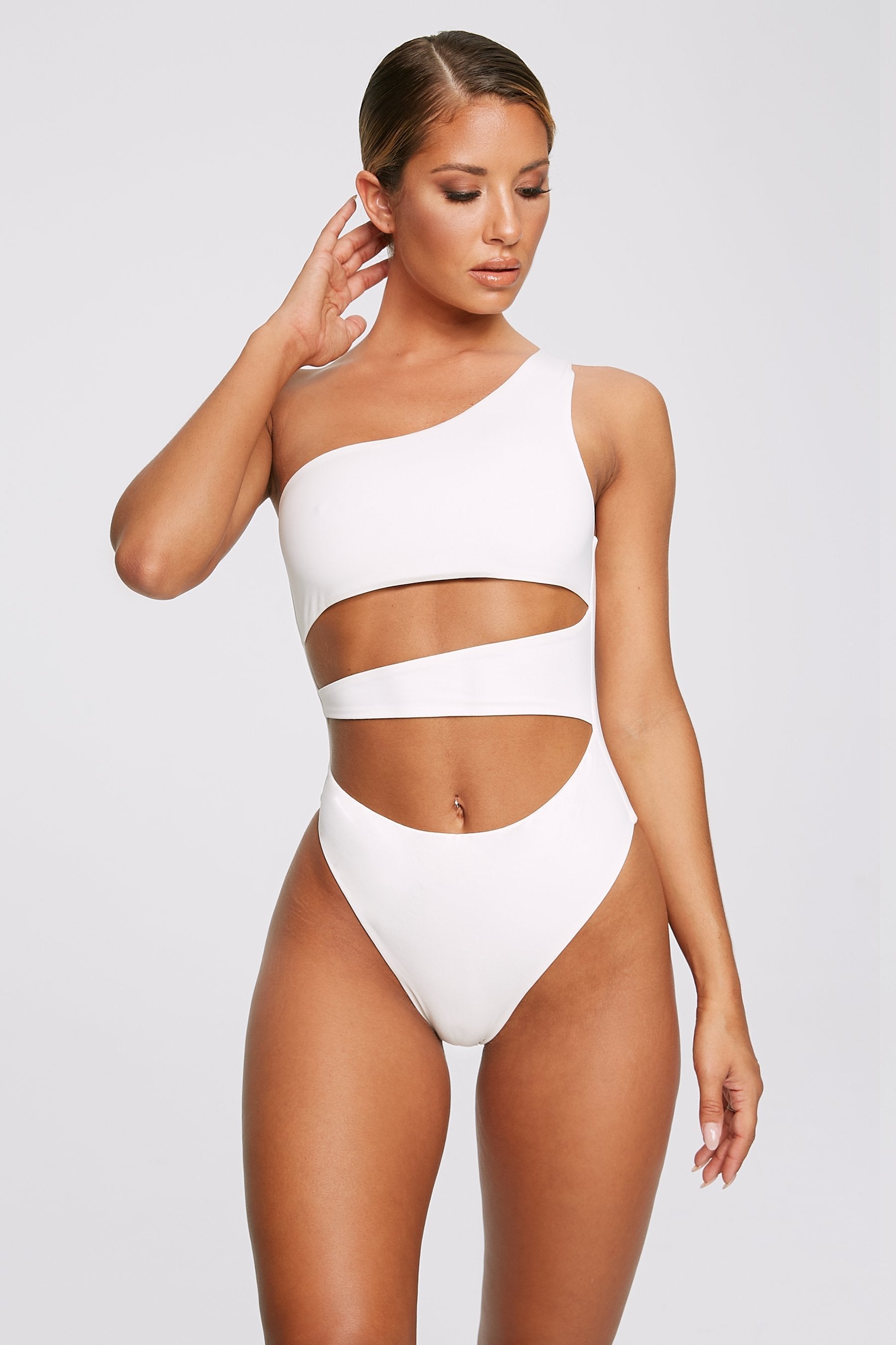 white one shoulder swimsuit