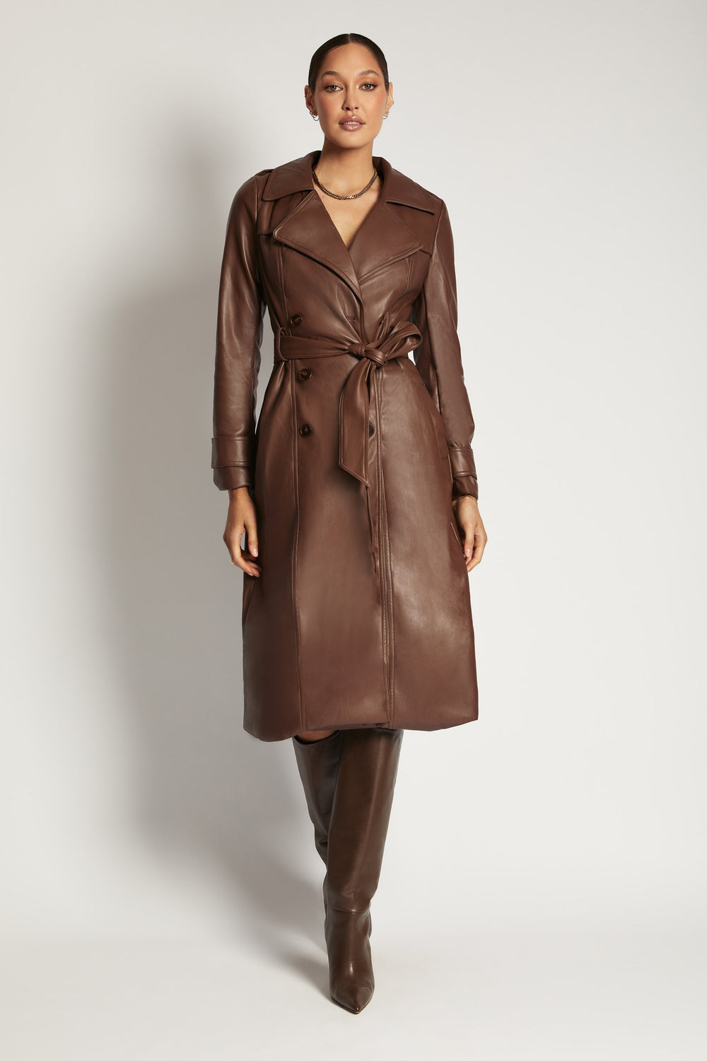Lina Faux Leather Trench Coat - Chocolate