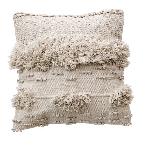 Heavily textured throw pillow in natural woven fabric. 