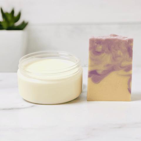 Lavender and white swirled artisan soap with lavender whipped body butter, Sweet Surrender Healthy Skin Duo in Lavender
