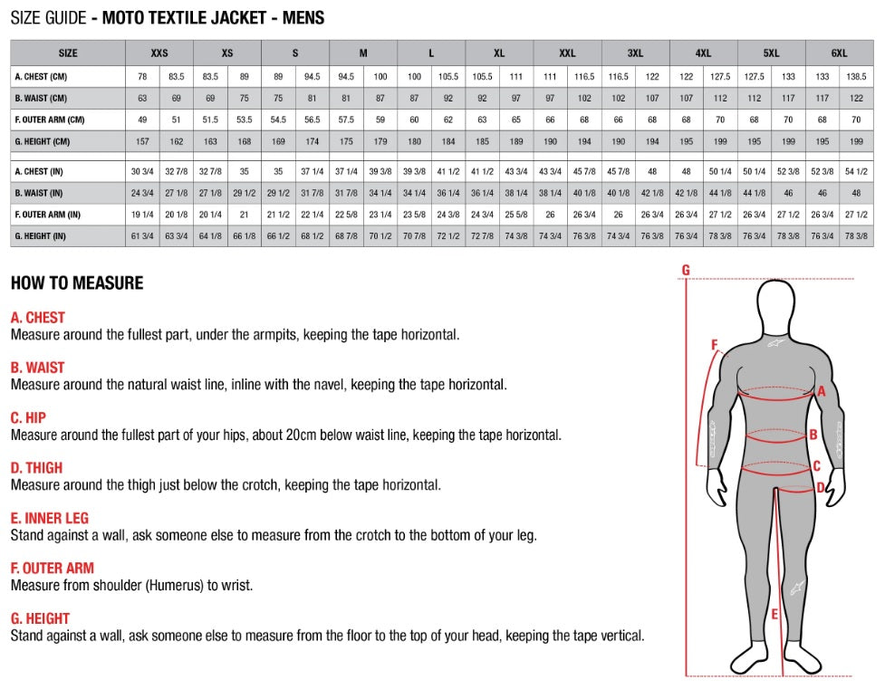 Alpinestars Jacket Size Chart – Sierra BMW Motorcycle