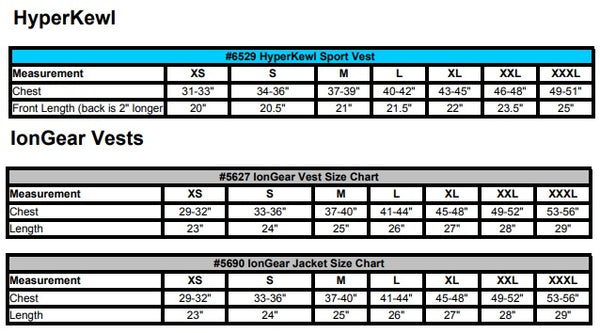 Hyperkewl Vest Size Chart