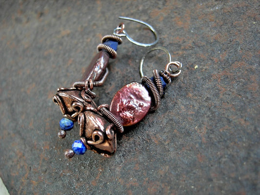 Copper Wire Wrap Earrings, Wing & A Prayer, Verdigris Charms, Glass