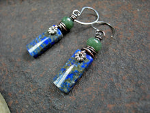 Load image into Gallery viewer, Boho luxe stone tab earrings of blue lapis,  with faceted green aventurine rondelles, silver daisy facers &amp; oxidized copper wire wrap. 