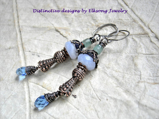 aqua blue earrings wire wrapped jewelry copper earrings blue earrings light  ocean waves earri…