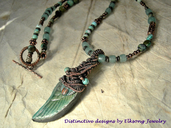 Copper Wire Wrap Earrings, Wing & A Prayer, Verdigris Charms, Glass