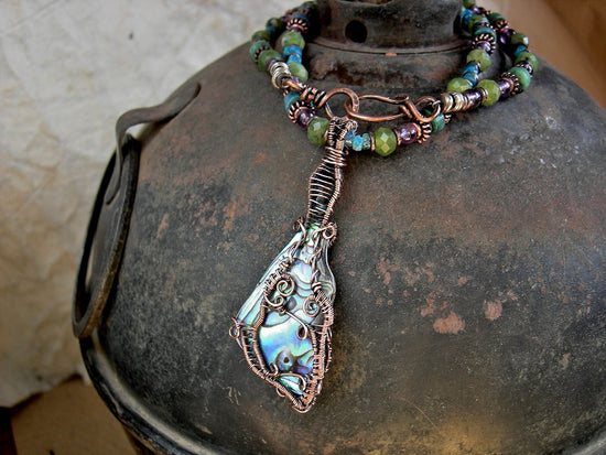 Raku Ceramic Wing Necklace, Copper Wire Wrap, Asymmetrical Beads