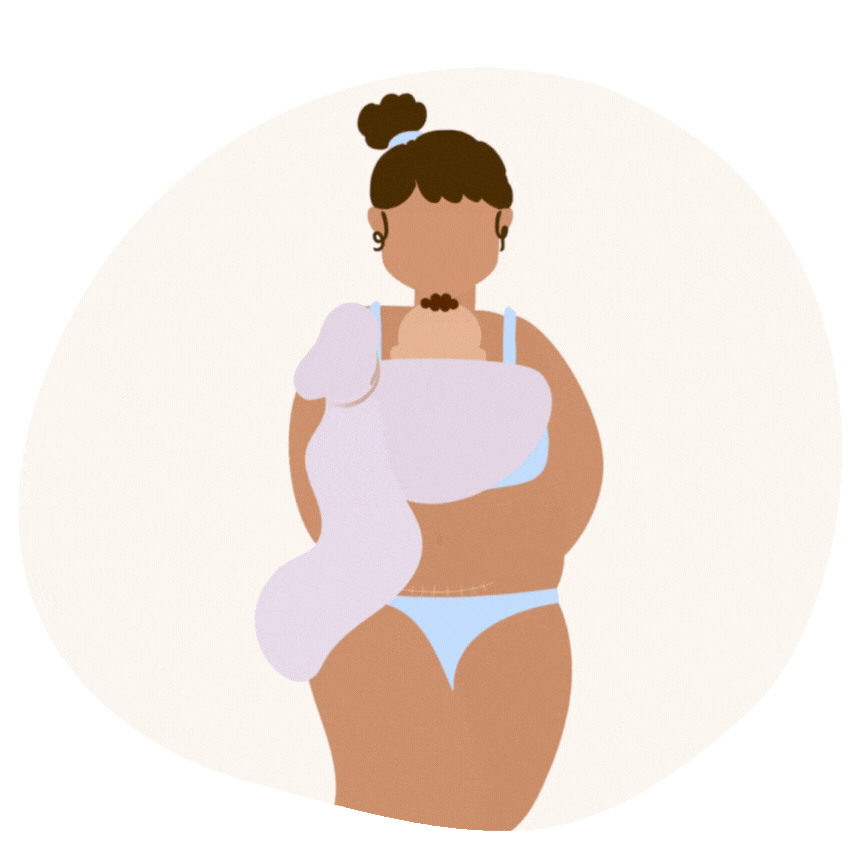 Graphic of woman wearing baby after c-section