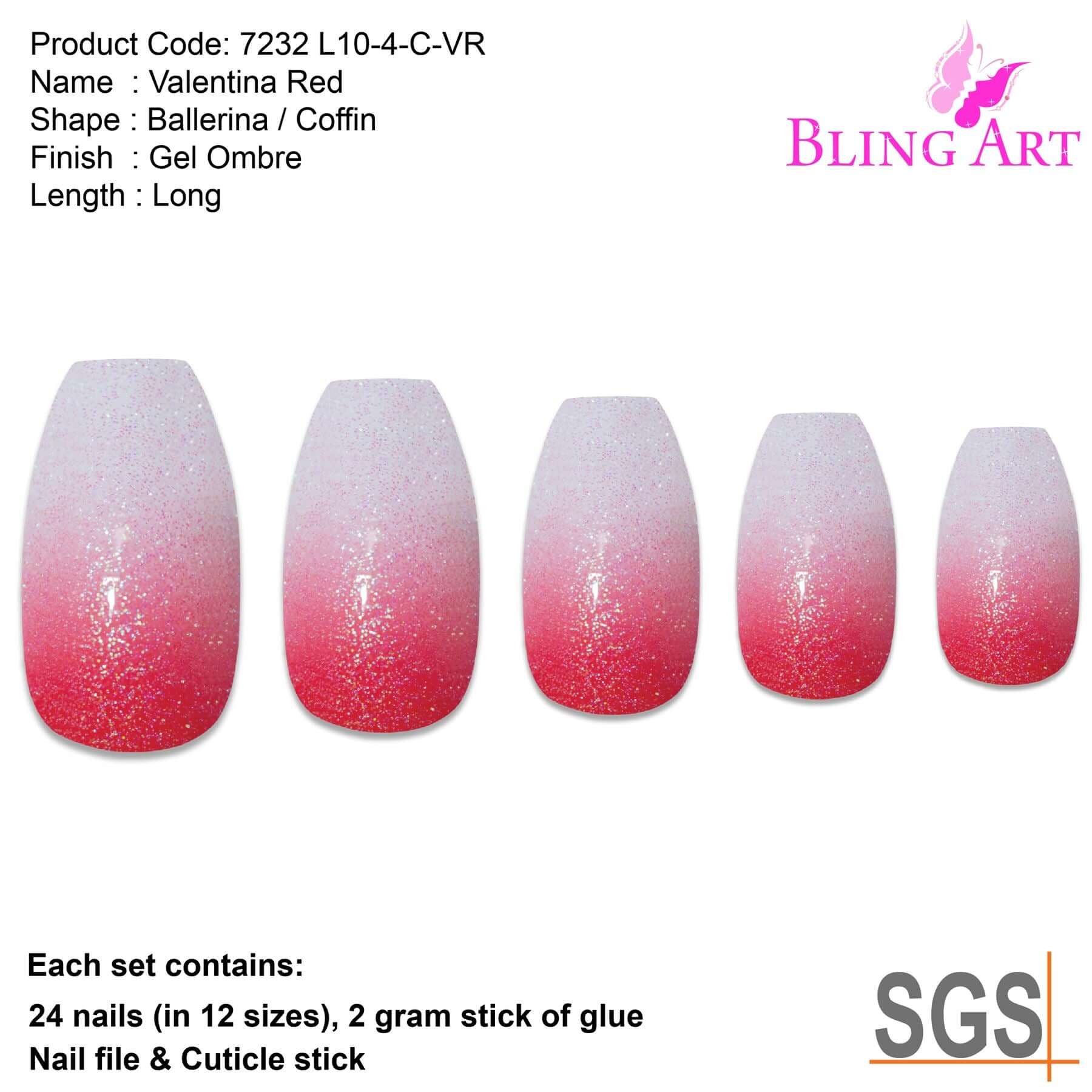 False Nails By Bling Art Red Gel Ombre Ballerina Coffin Fake