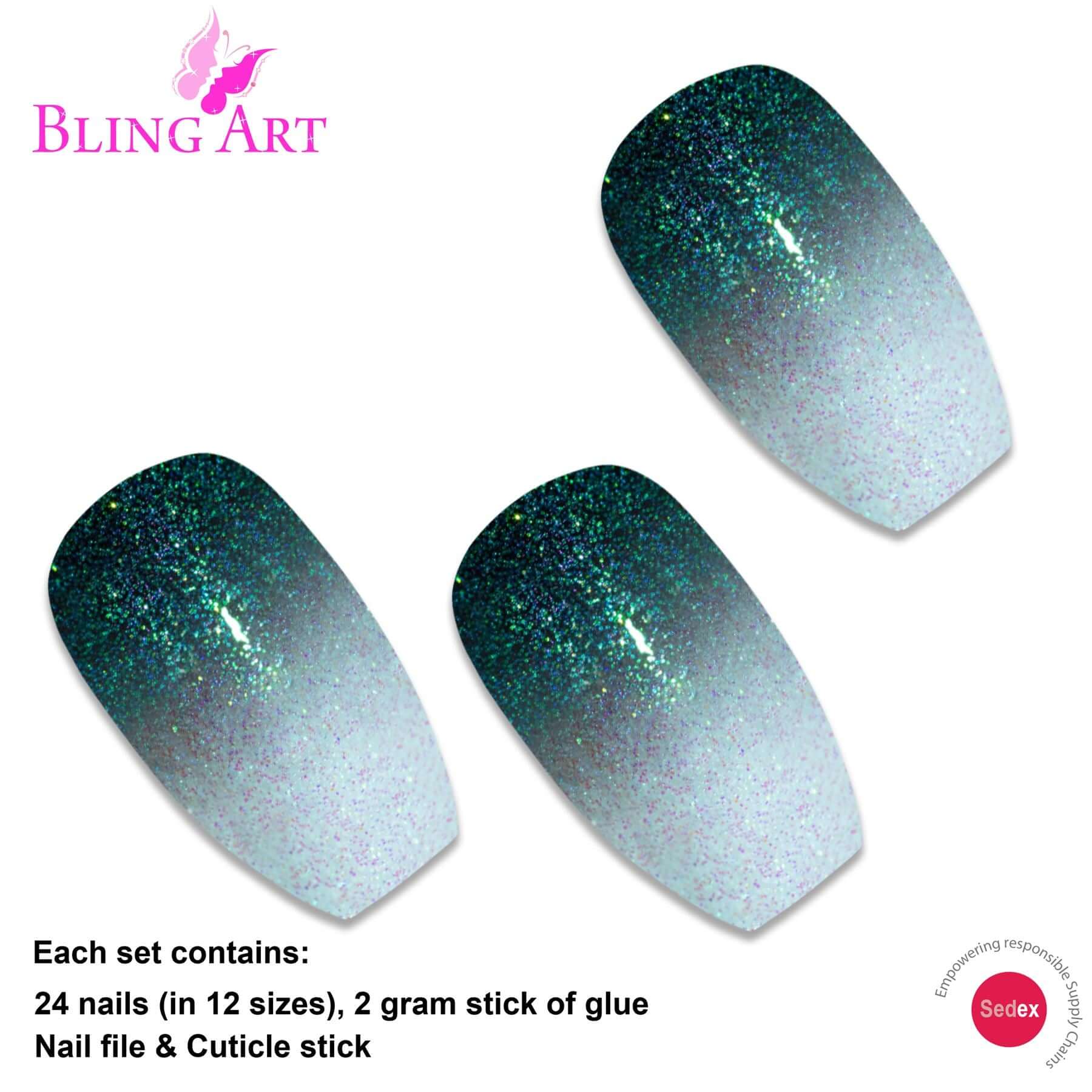 False Nails By Bling Art Black Gel Ombre Ballerina Coffin 24