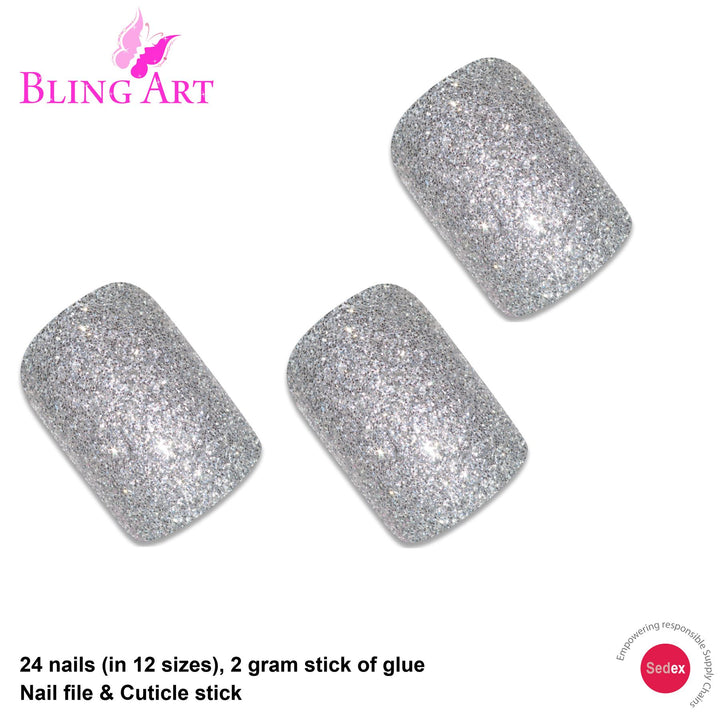False Nails by Bling Art Silver Gel French Squoval 24 Fake Medium ...