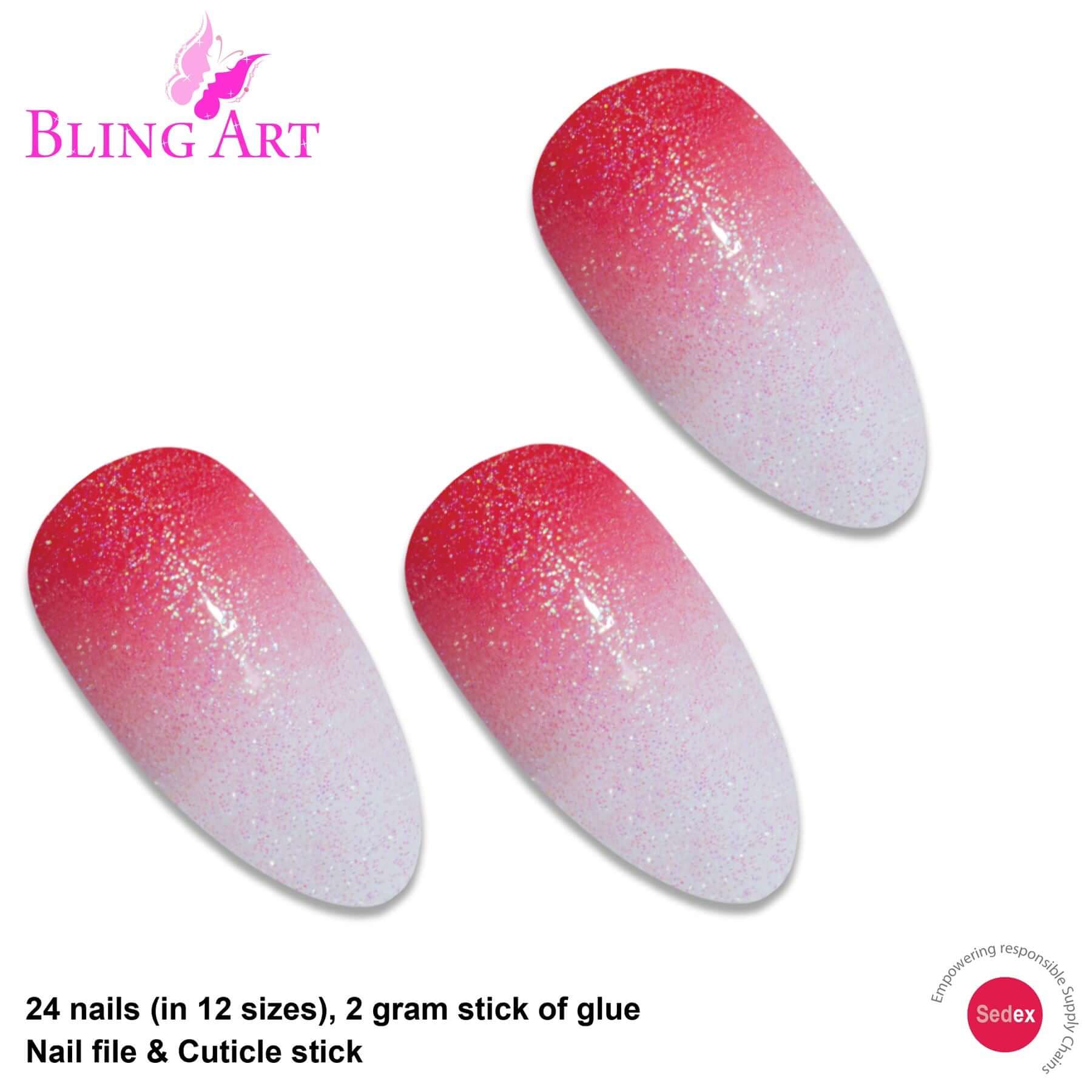 False Nails by Bling Art Red Gel Ombre Almond Stiletto Fake Long ...