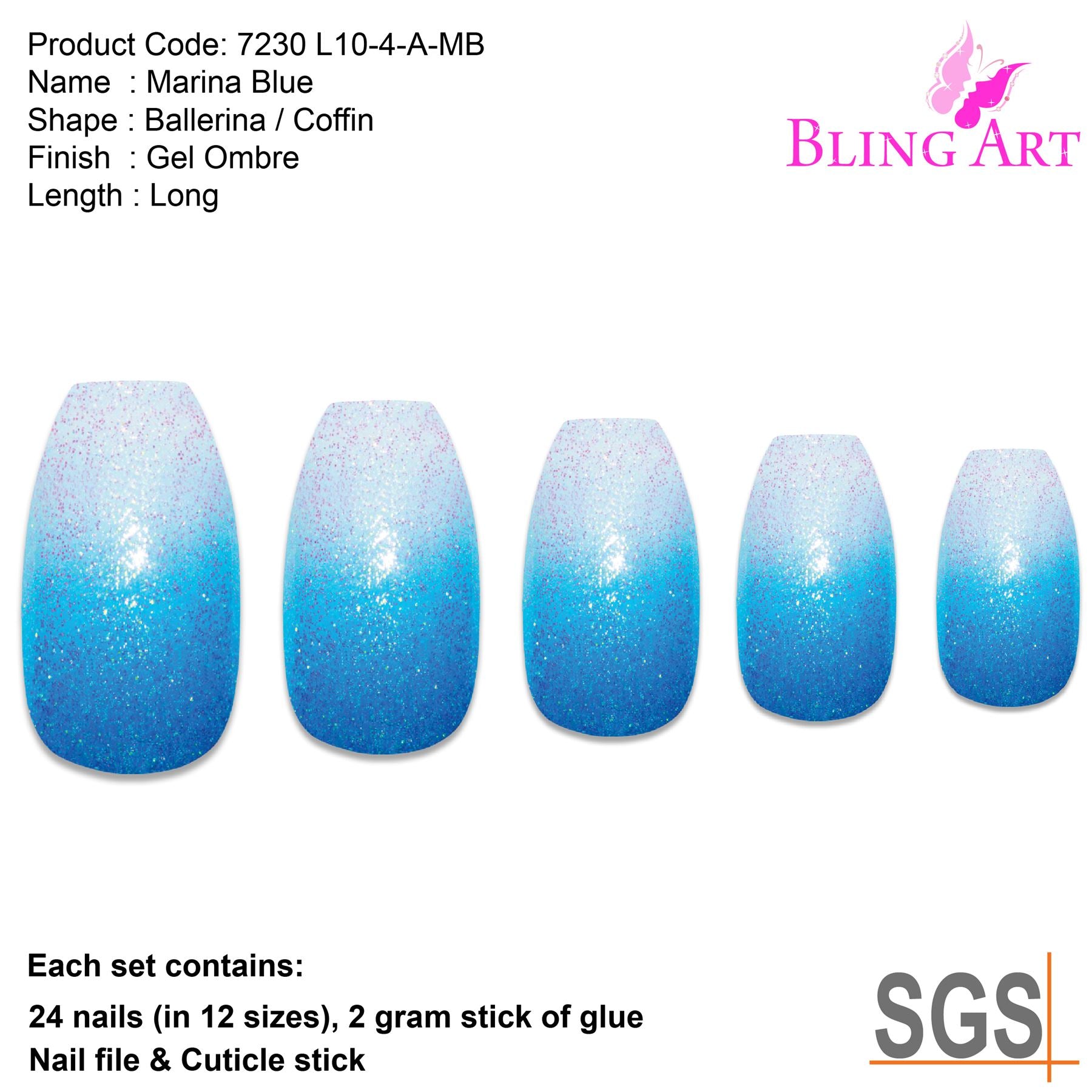 False Nails By Bling Art Blue Gel Ombre Ballerina Coffin