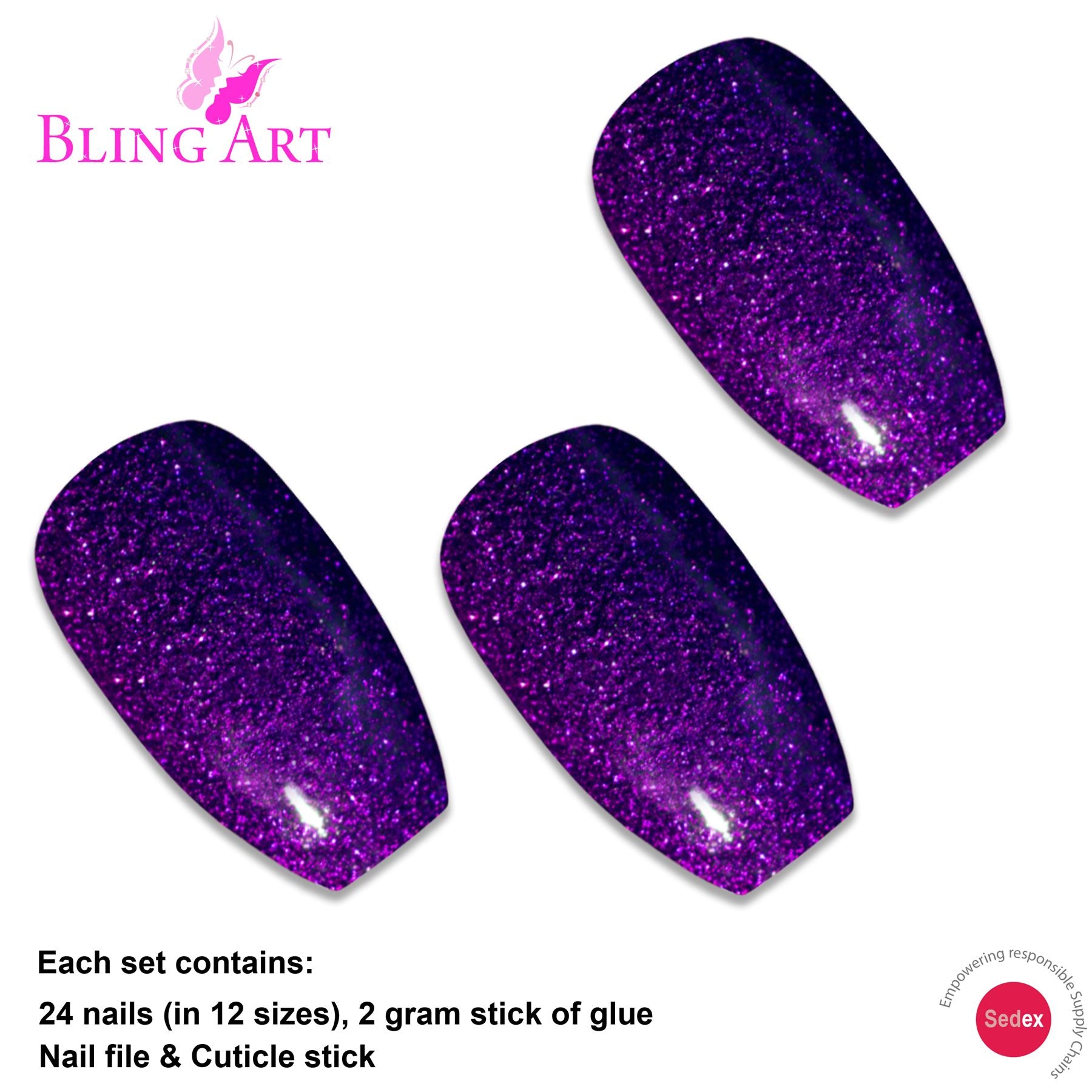 False Nails By Bling Art Purple Gel Ballerina Coffin 24 Fake