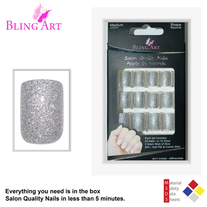 False Nails by Bling Art Silver Gel French Squoval 24 Fake Medium ...