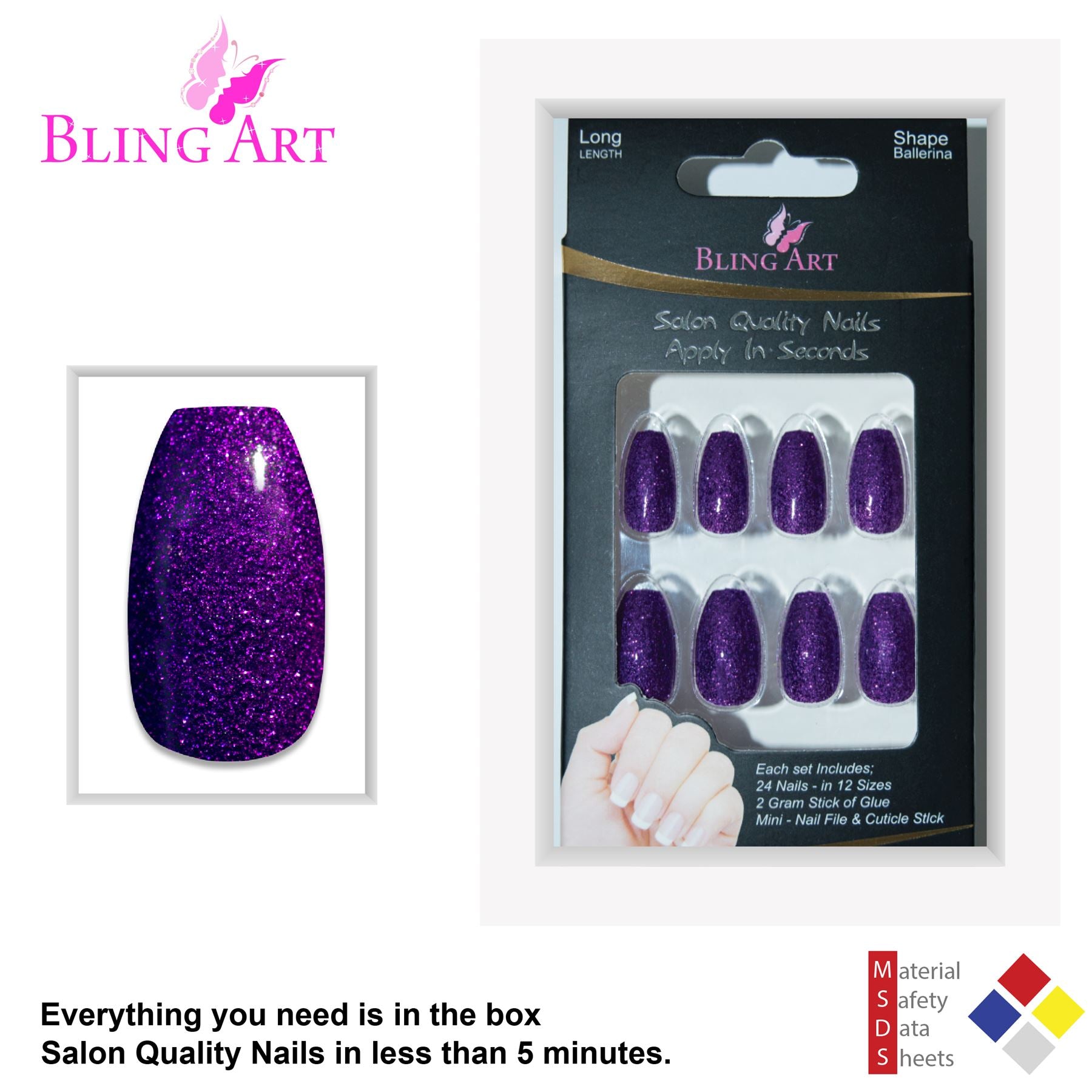 False Nails By Bling Art Purple Gel Ballerina Coffin 24 Fake