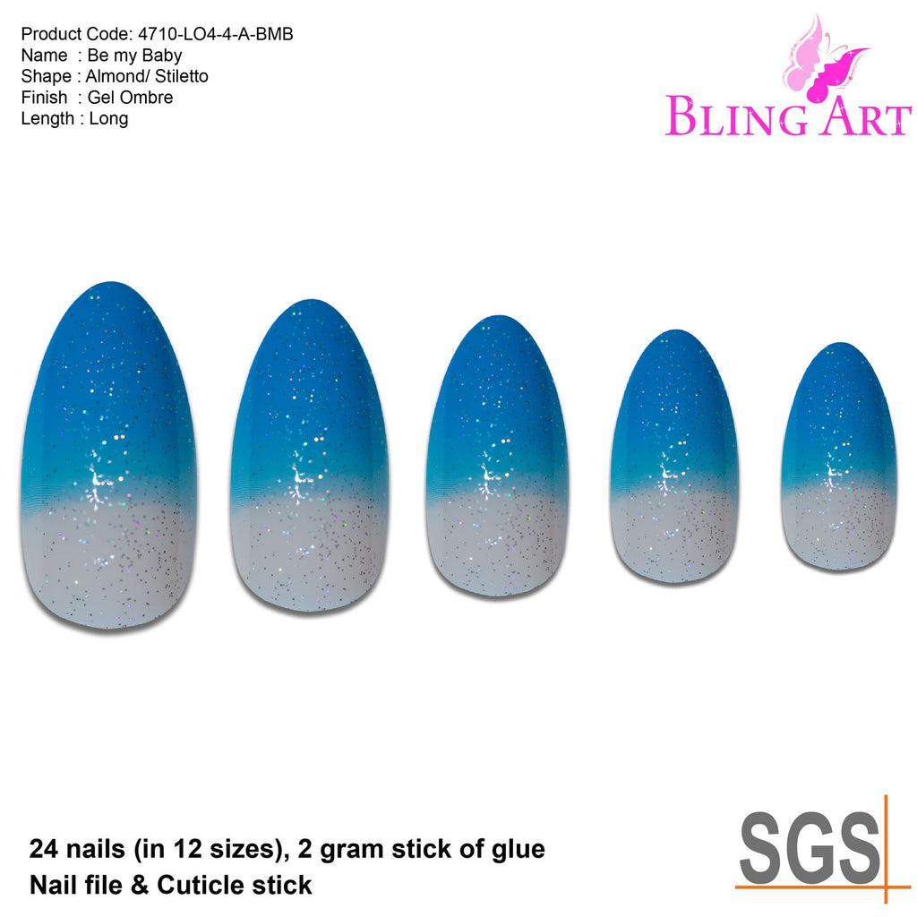 False Nails by Bling Art Blue Gel Glitter 24 Almond Stiletto Long Fake ...