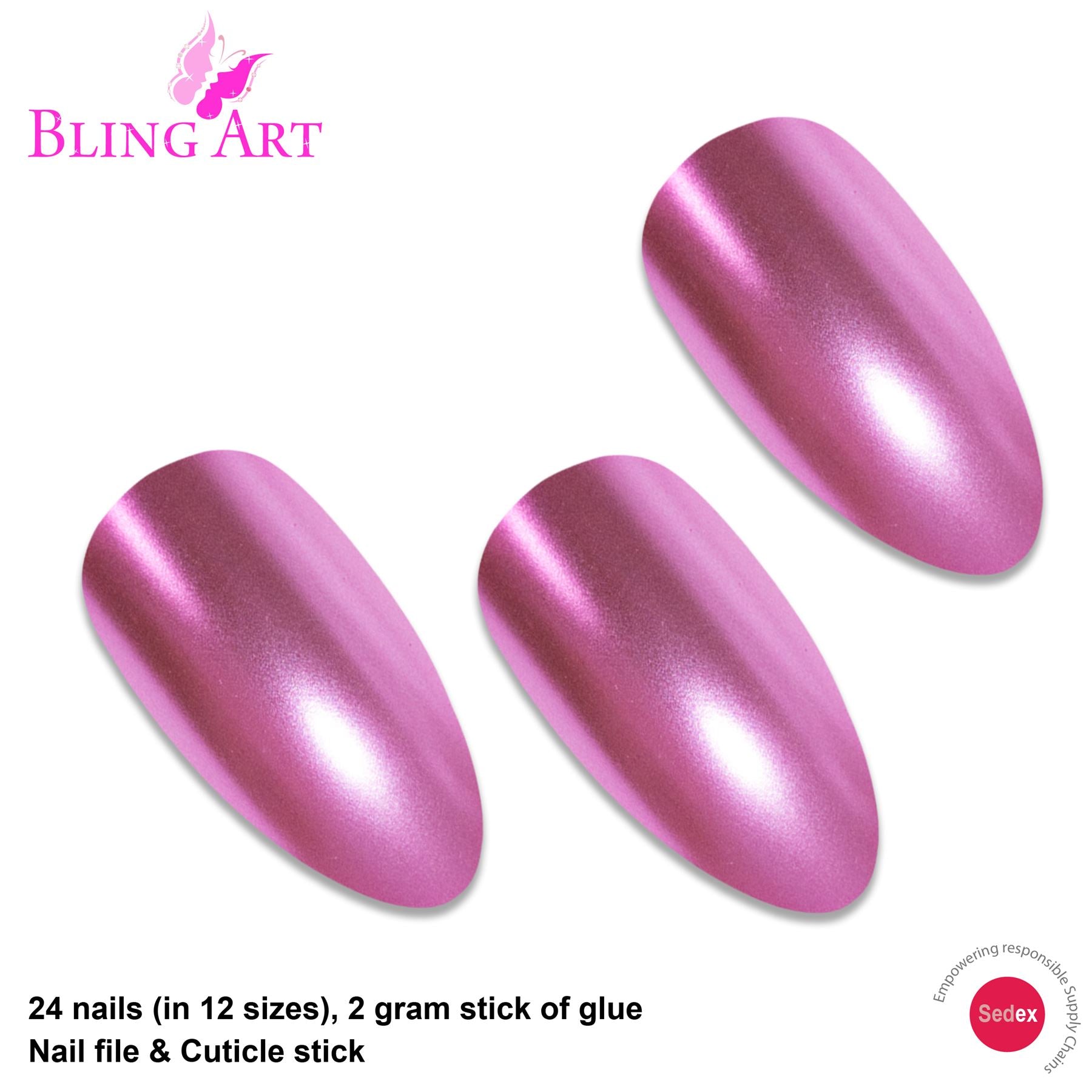 False Nails by Bling Art Pink Matte Metallic Almond Stiletto Fake Acrylic Tips