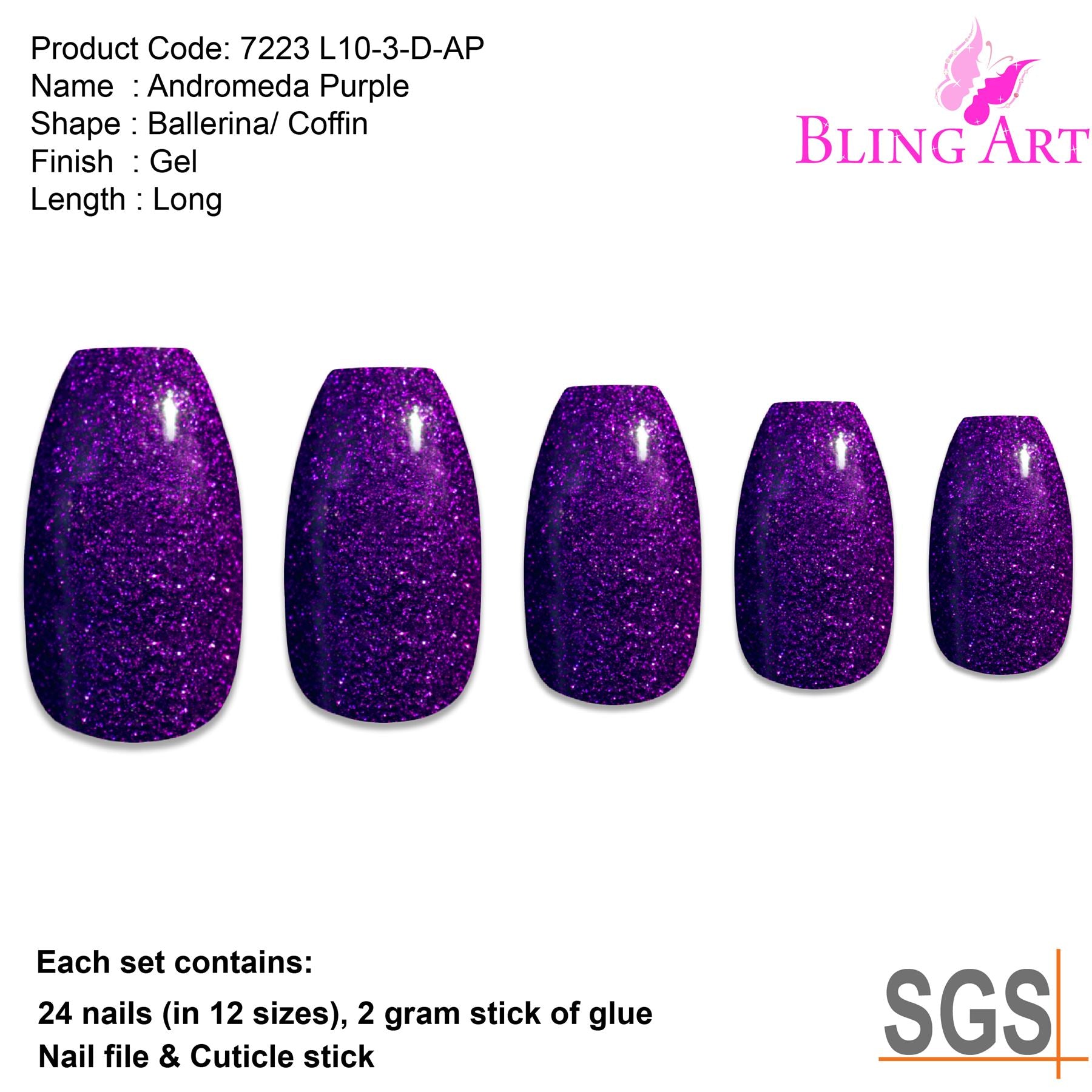 False Nails By Bling Art Purple Gel Ballerina Coffin 24 Fake