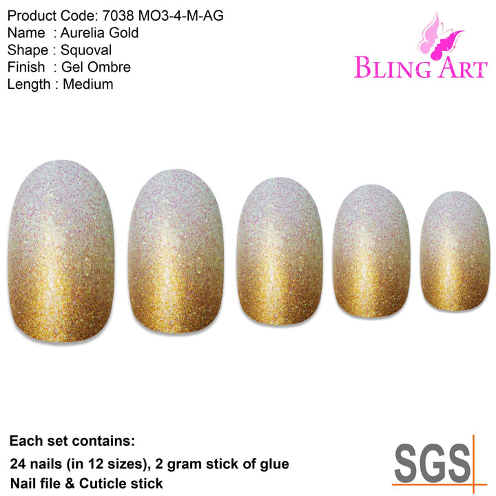 False Nails by Bling Art Gold Gel Ombre Oval Medium Fake Acrylic 24 ...