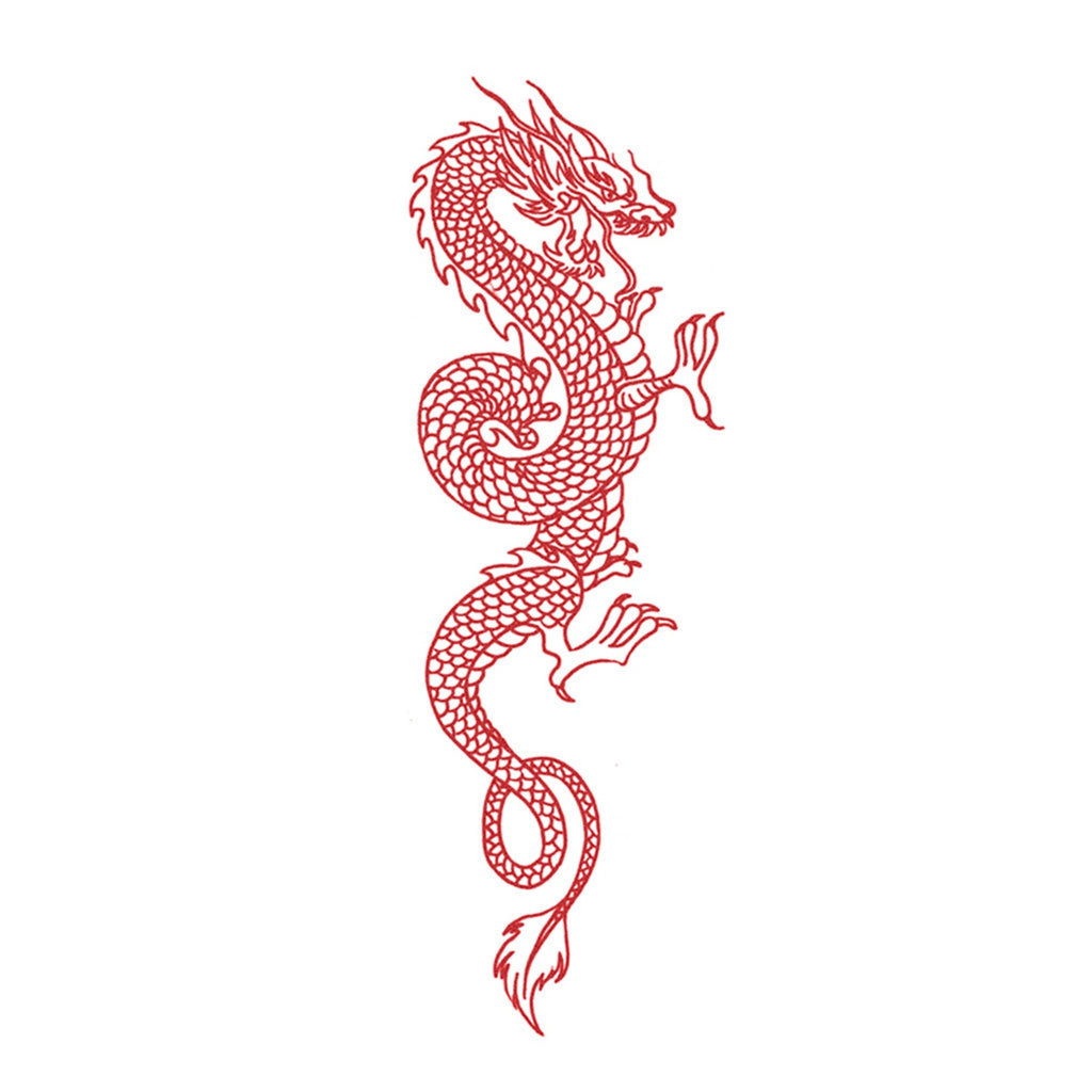 Fine line red dragon tattoo located on the hip