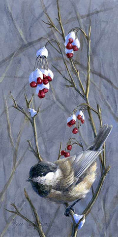 Chickadee Bird Wall Art Canvas of Winter Scene by Karen Whitworth