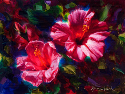 hibiscus painting with pink tropical flowers by Hawaii floral artist Karen Whitworth