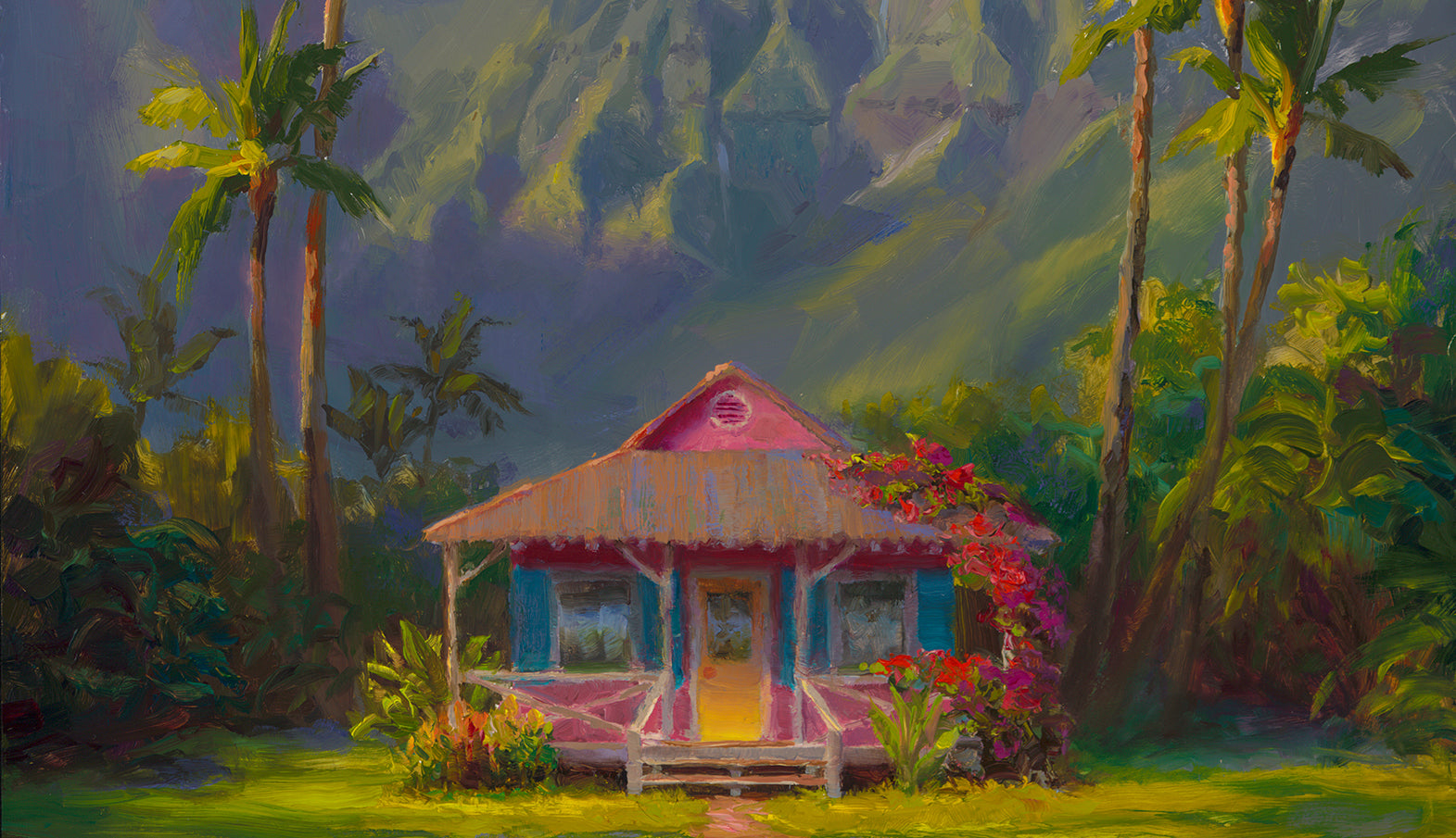 Painting of Hanalei Cottage and palm trees, Hawaiian landscape
