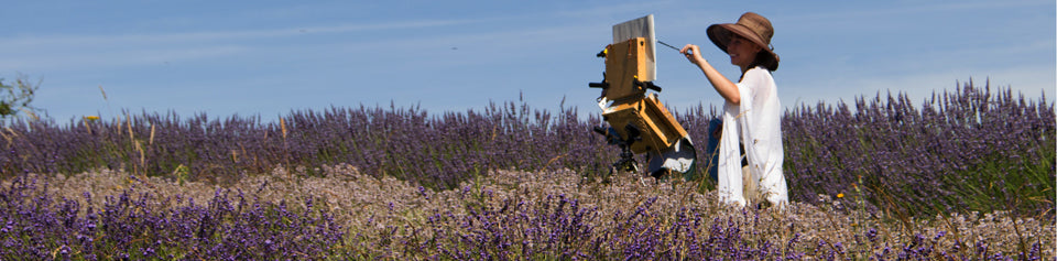 Artist Karen Whitworth painting en plein air in a blooming lavender field