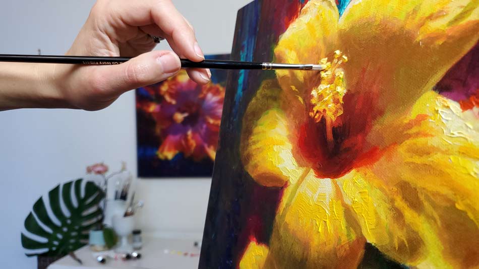 yellow hibiscus flower Hawaii wall art canvas titled "Past, Present, Future" getting painted by tropical artist Karen Whitworth