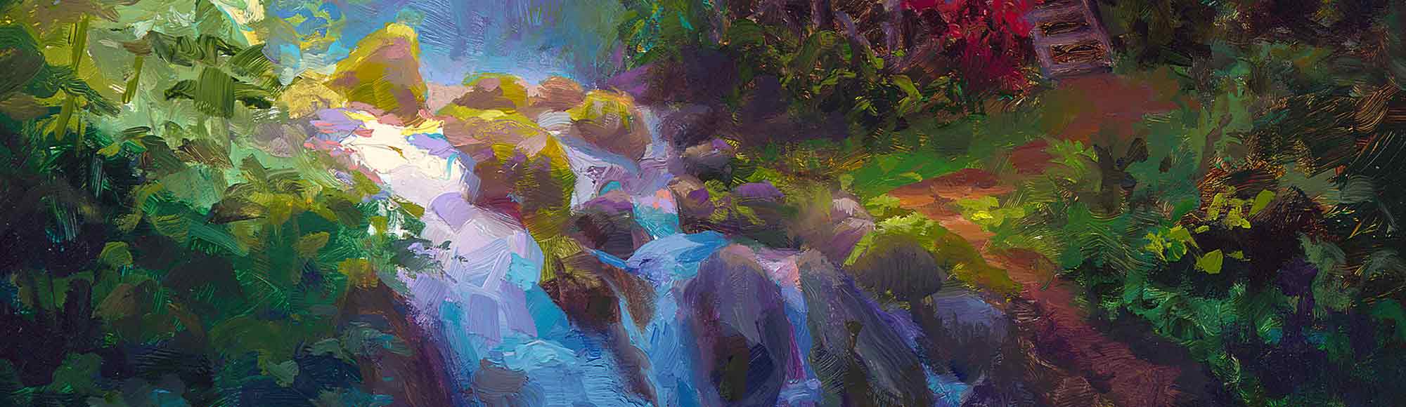 Waterfall landscape painting on canvas by tropical artist Karen Whitworth