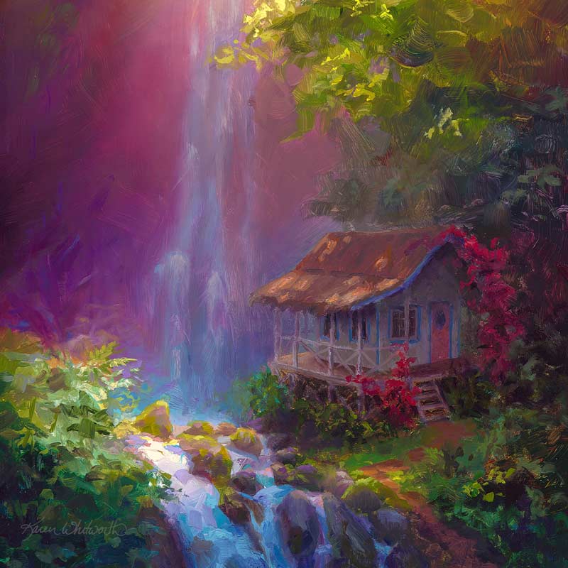 Healing Retreat - Canvas Print of Waterfall Painting With Hawaiian Cottage