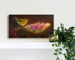 Hawaiian Flower Painting Of Amakihi Bird Tropical Wall Art Canvas