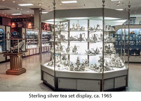 Sterling silver tea set display, ca. 1965