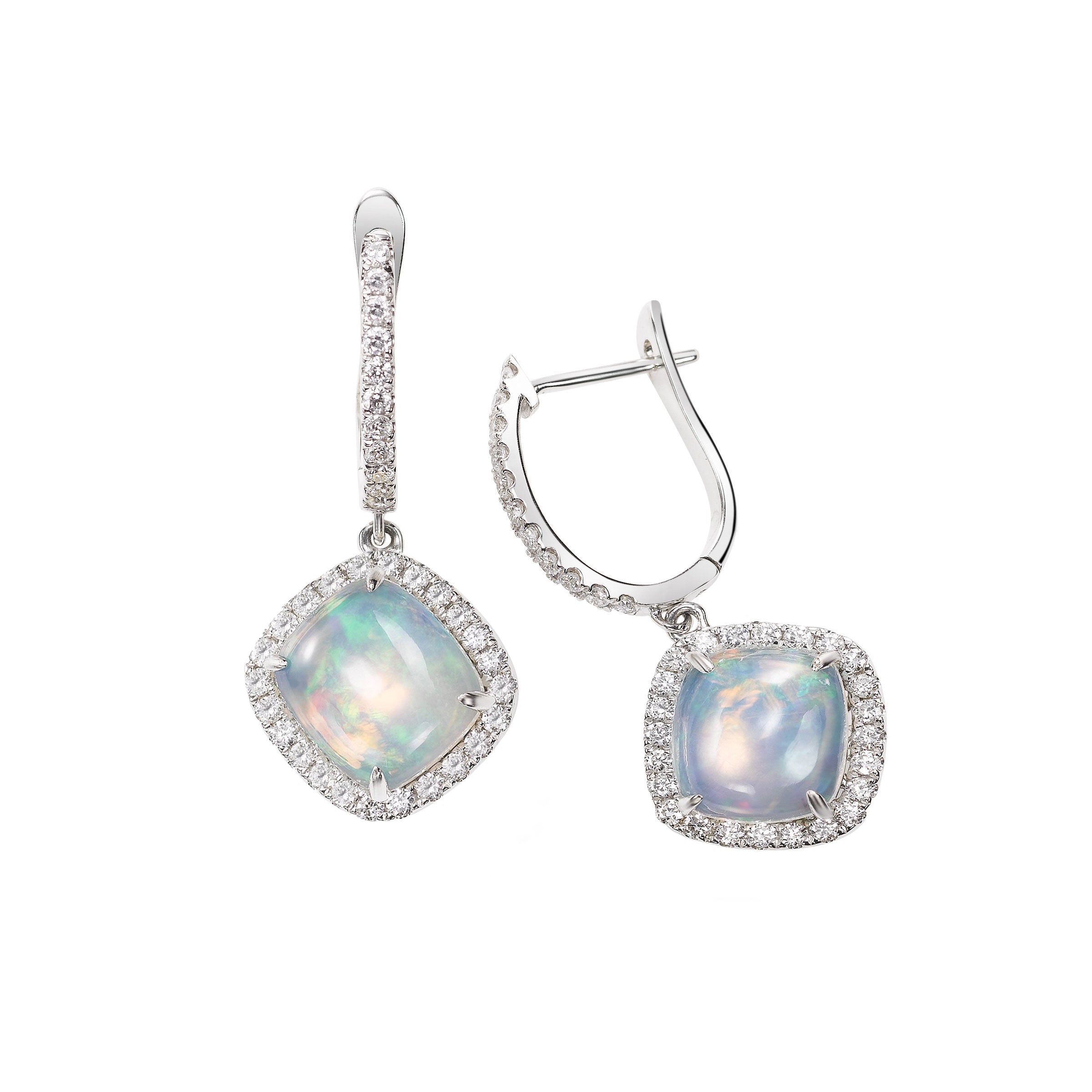 Cabochon Opal and Diamond Halo Drop Earrings, 14K White Gold | Long ...