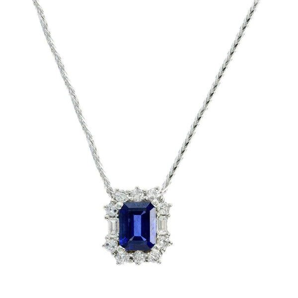 Rectangular Sapphire and Diamond Halo Necklace, 14K White Gold ...