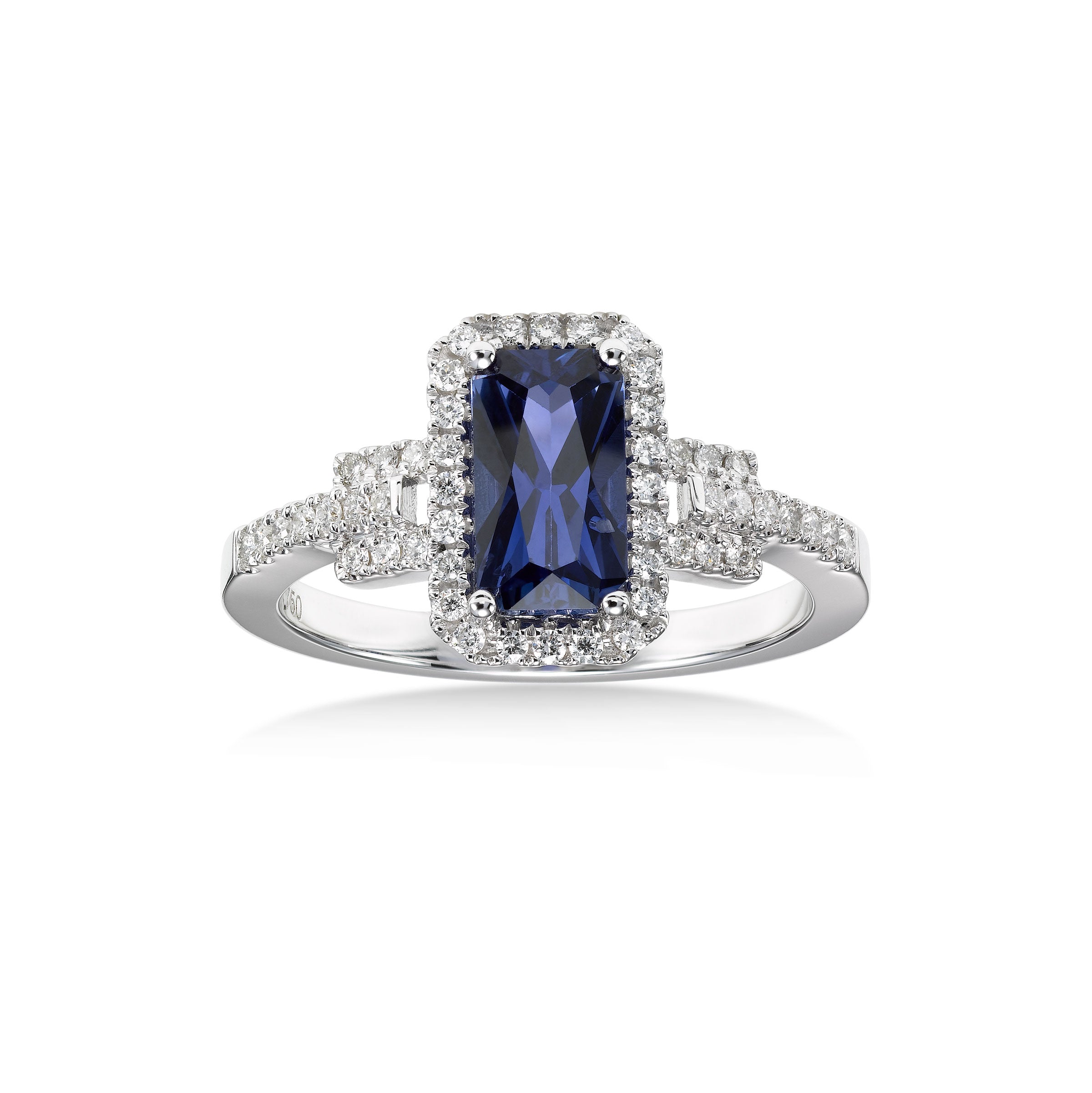 Rectangular Color-Change Sapphire and Diamond Ring, 18K White Gold ...