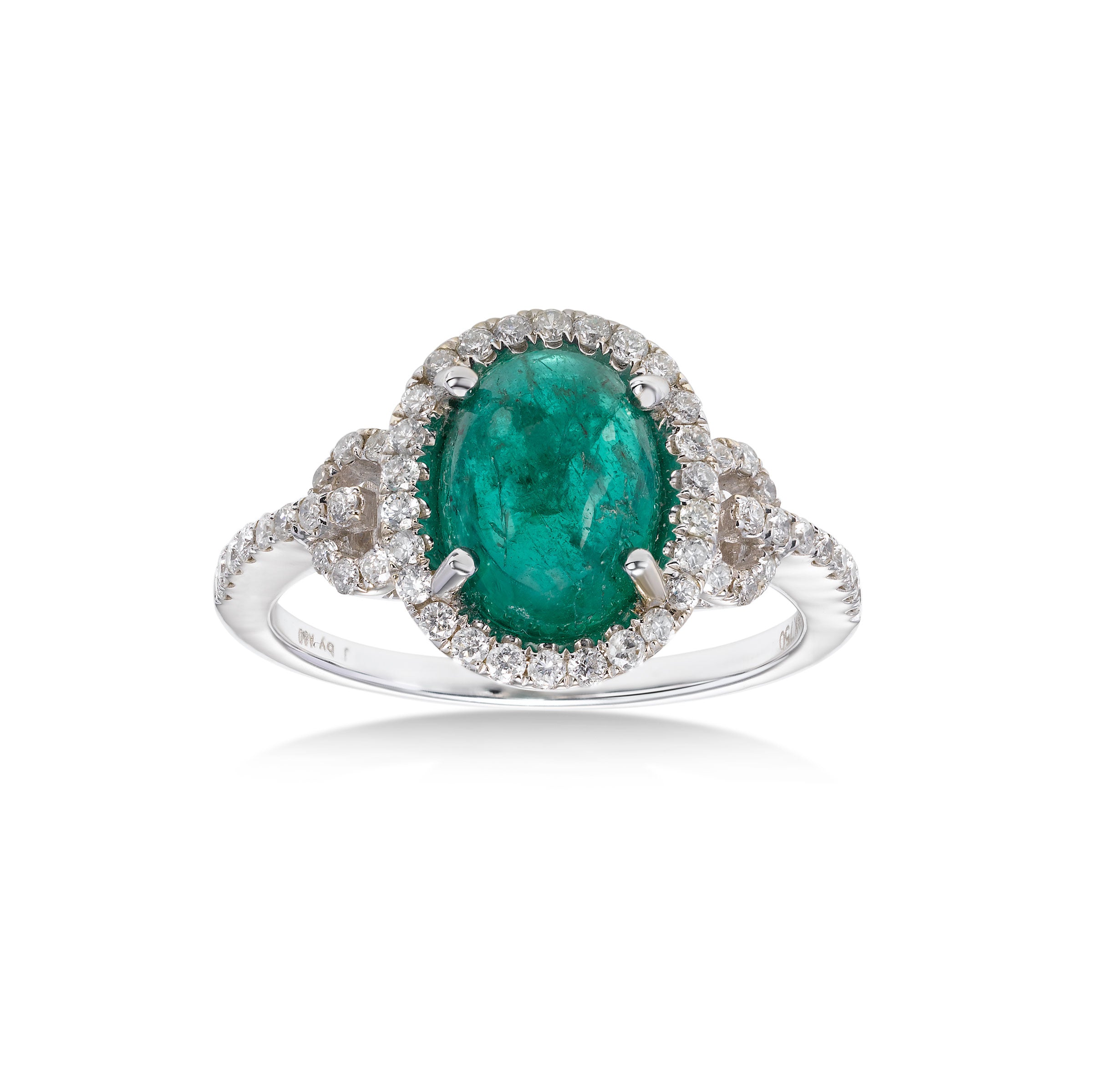 Cabochon Emerald and Diamond Ring, 18K White Gold | Long Island